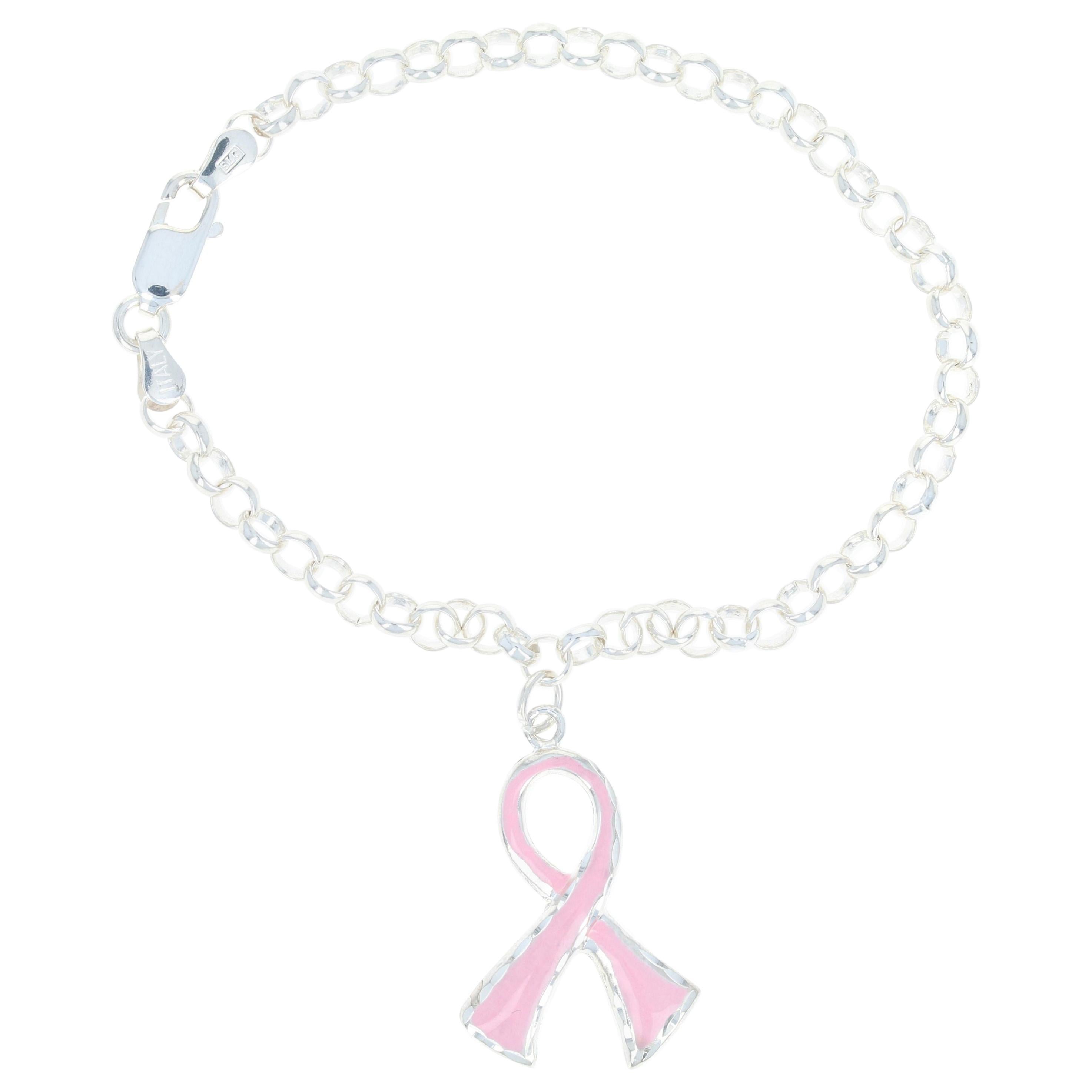 Pink Support Ribbon Charm Bracelet Sterling Silver Rolo Chain Italian For Sale
