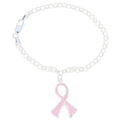 Pink Support Ribbon Charm Bracelet Sterling Silver Rolo Chain Italian