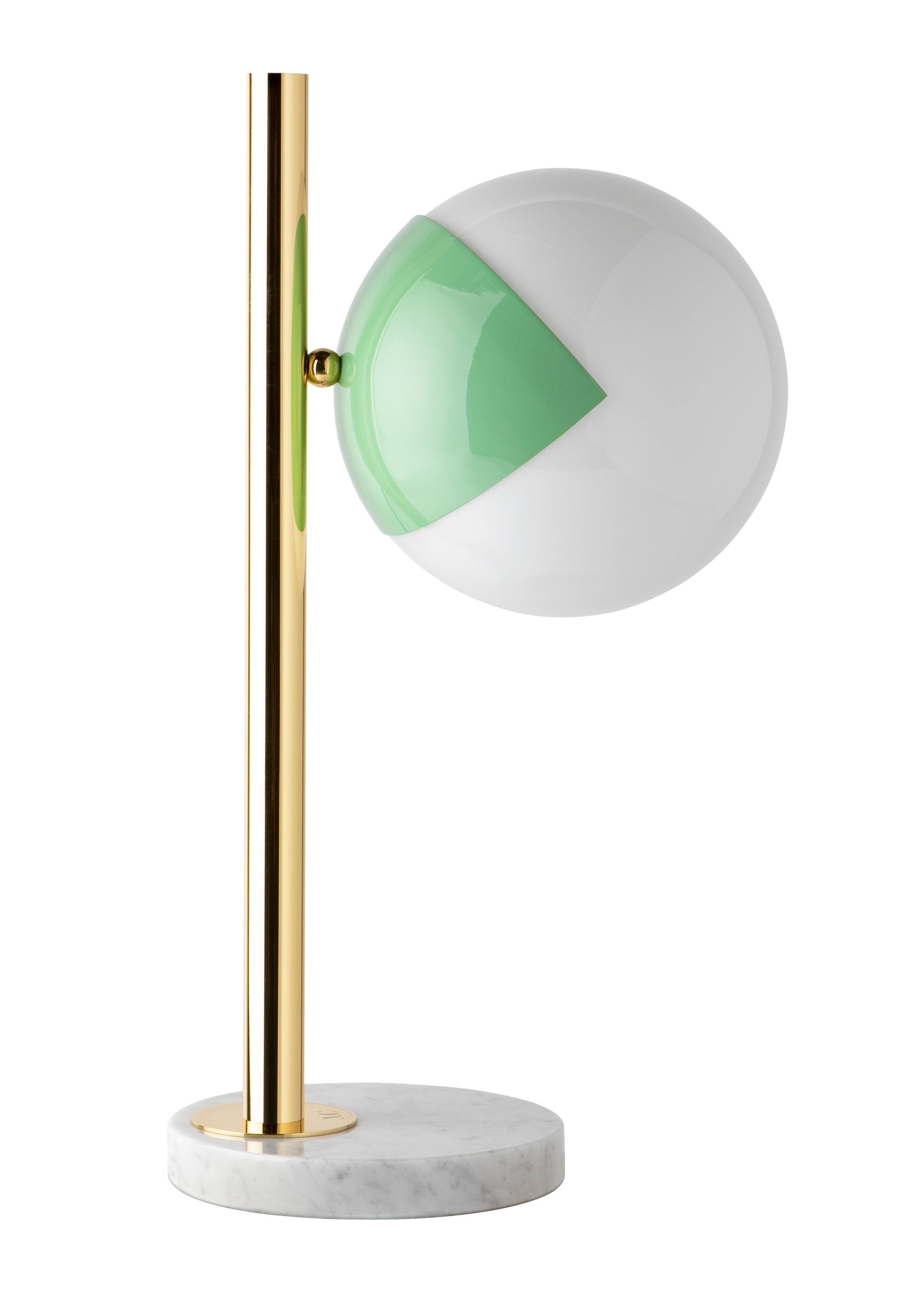 Pink table lamp pop-up dimmable by Magic Circus Editions
Dimensions: Ø 22 x 30 x 53 cm 
Materials: Carrara marble base, smooth brass tube, glossy mouth blown glass
Also non-dimmable version available.

All our lamps can be wired according to