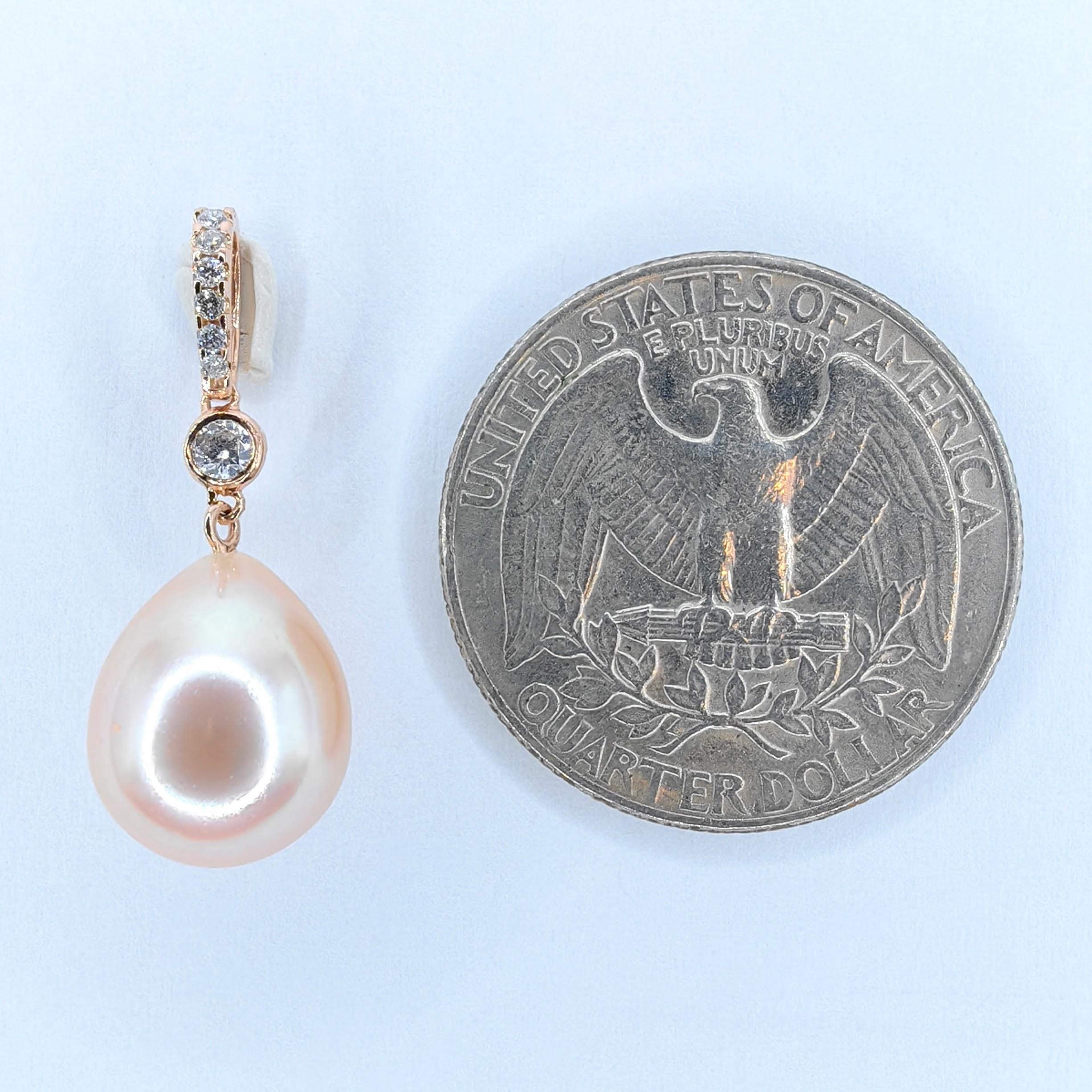 Women's Pink Teardrop Baroque Pearl Diamond Necklace Pendant in 18K Rose Gold For Sale