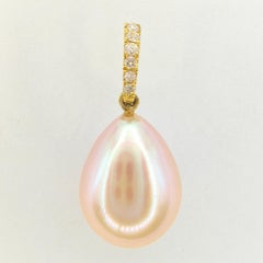 Pink Teardrop Baroque Pearl Diamond Necklace Pendant in 18K Yellow Gold
