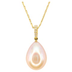 Pink Teardrop Baroque Pearl Diamond Necklace Pendant in 18K Yellow Gold