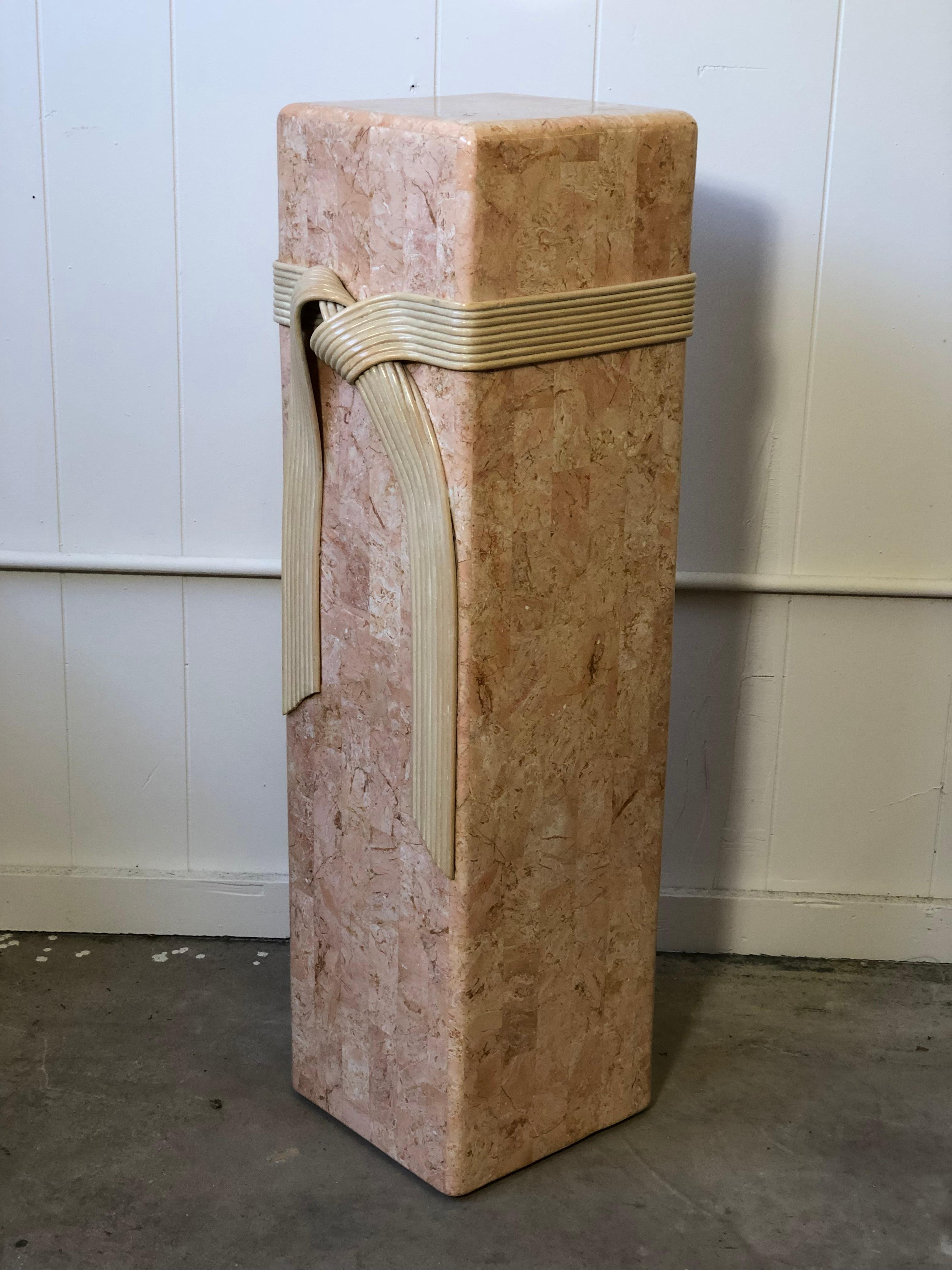 Pink Tessellated Stone Pedestal with Rattan Ribbon Tie In Good Condition In Atlanta, GA