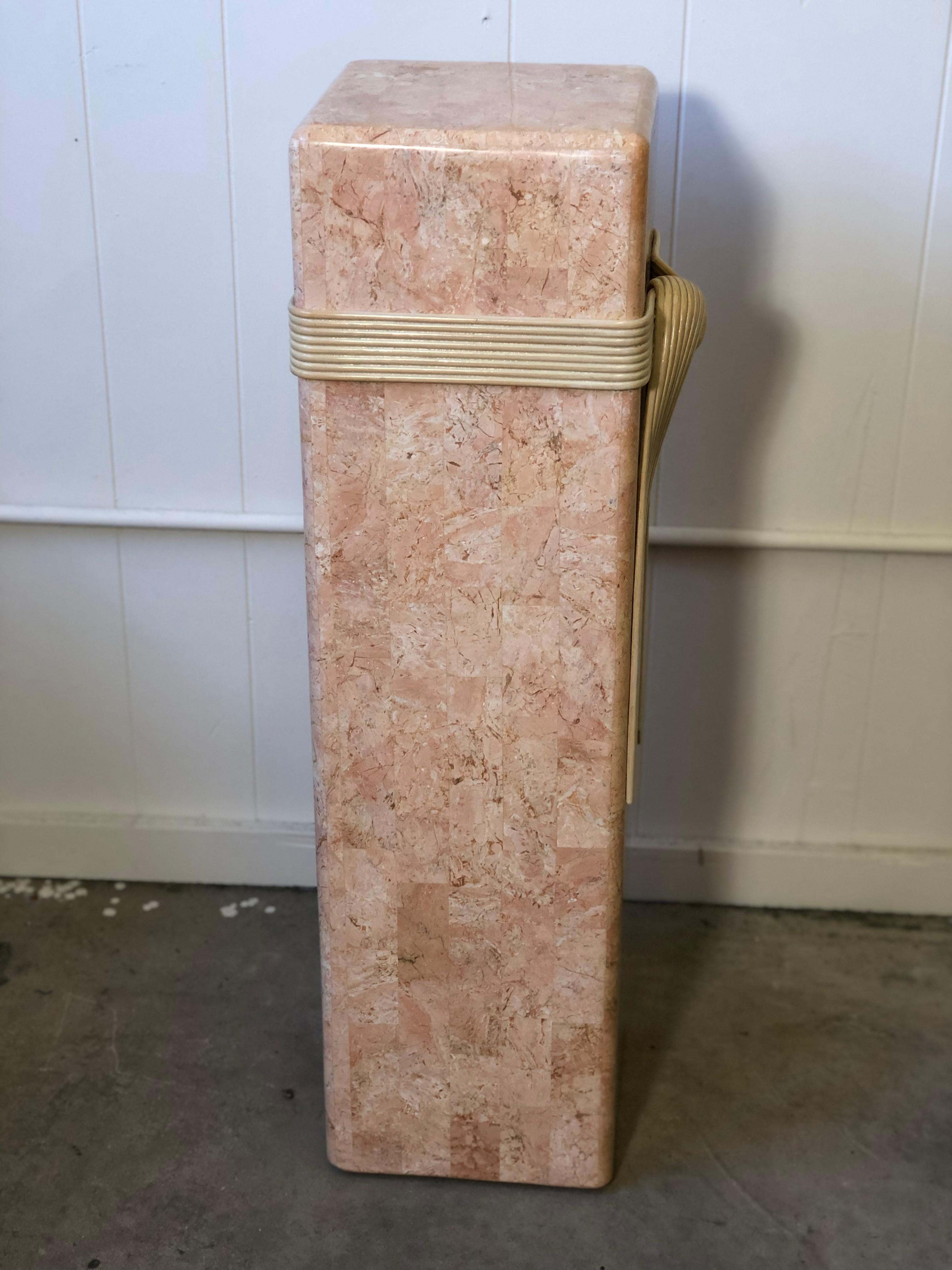 Late 20th Century Pink Tessellated Stone Pedestal with Rattan Ribbon Tie