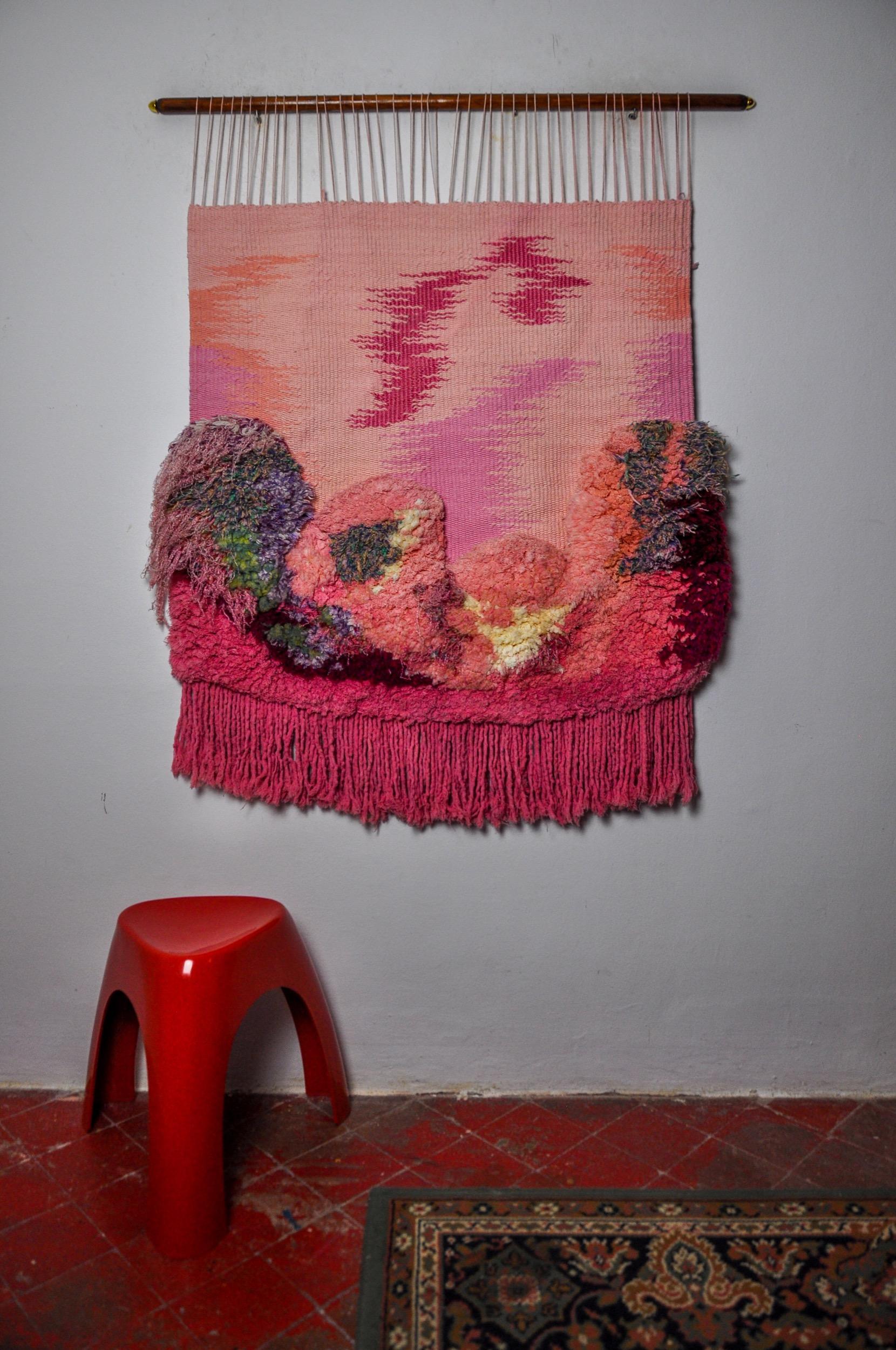 Pink Textured Macrame Wall Tapestry, Spain, 1970s For Sale 1