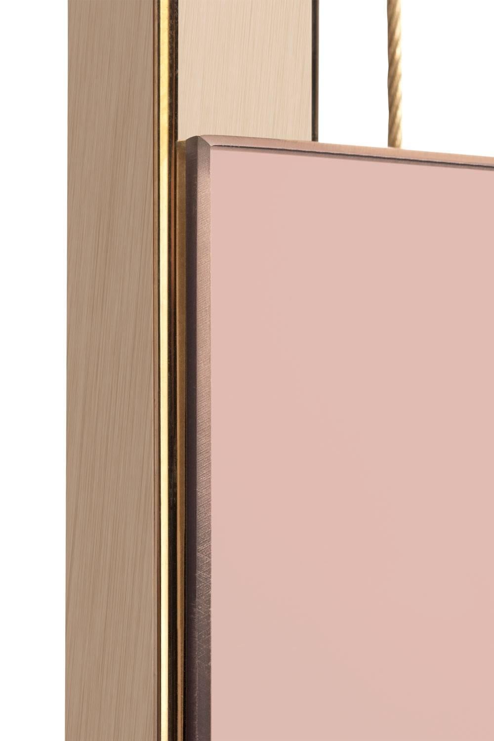 Modern Pink Tinted Contemporary Mirror on a Gold Metal Frame with Brass Wire For Sale