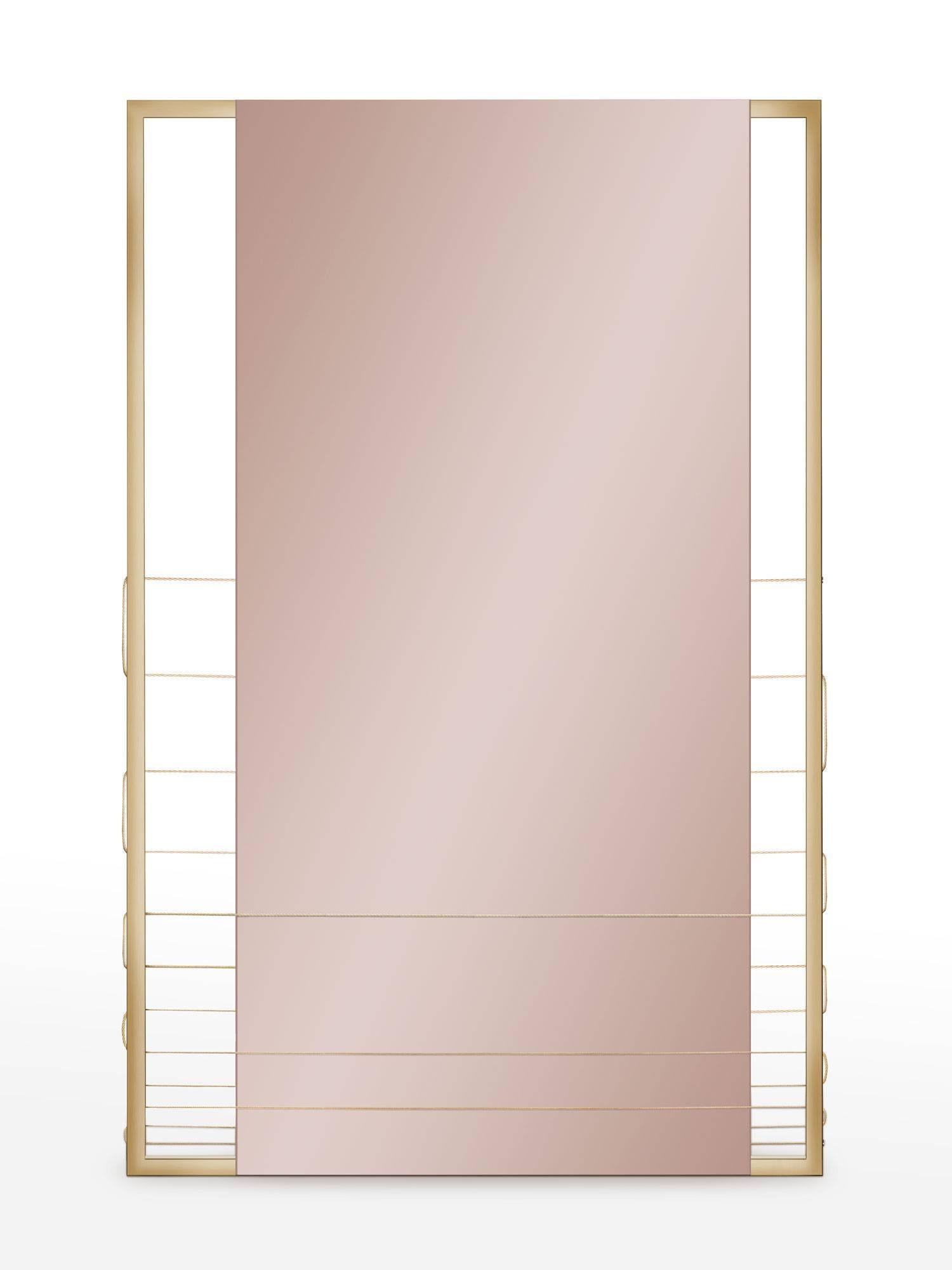 Italian Pink Tinted Contemporary Mirror on a Gold Metal Frame with Brass Wire For Sale