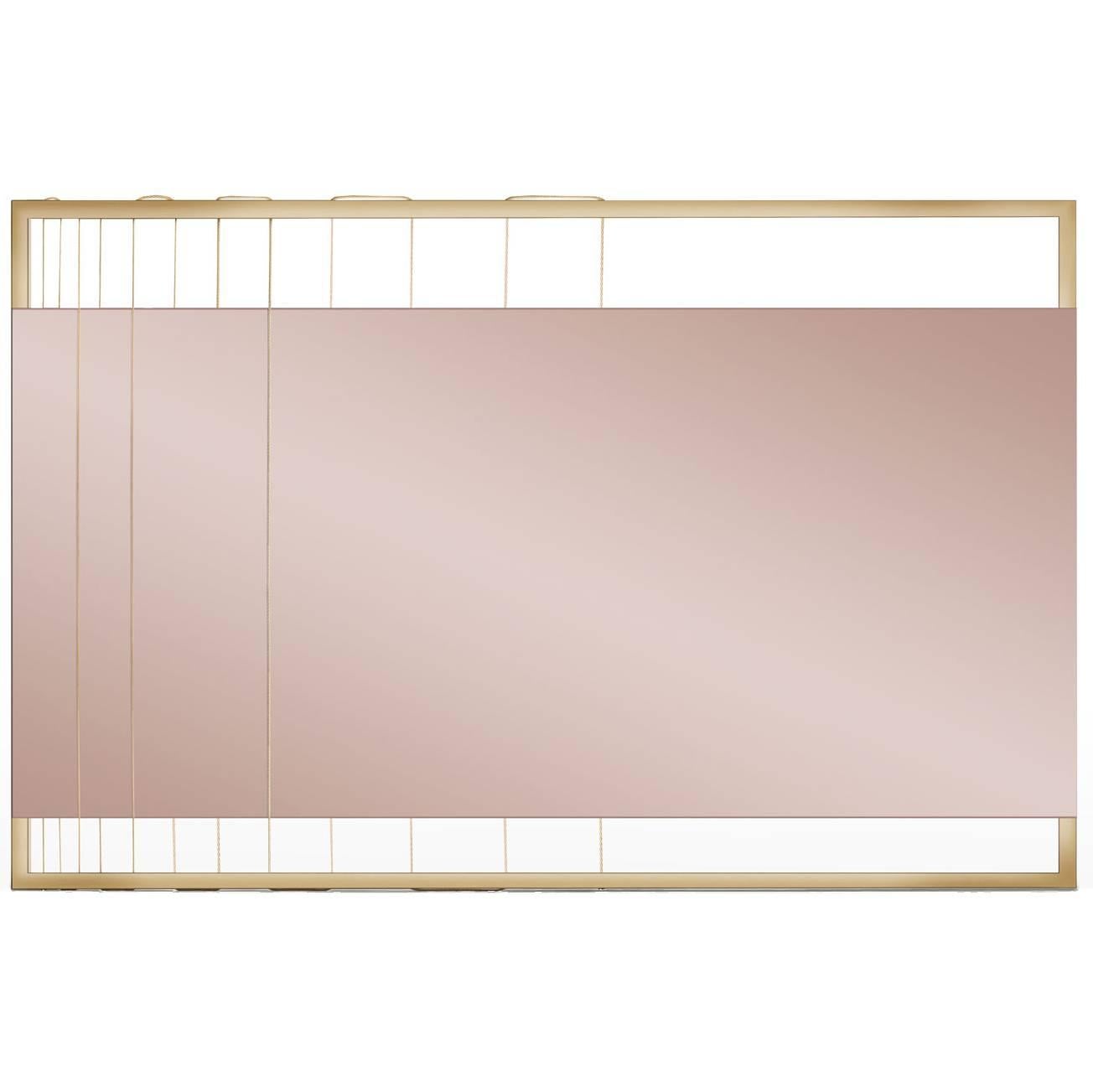 Pink Tinted Contemporary Mirror on a Gold Metal Frame with Brass Wire For Sale