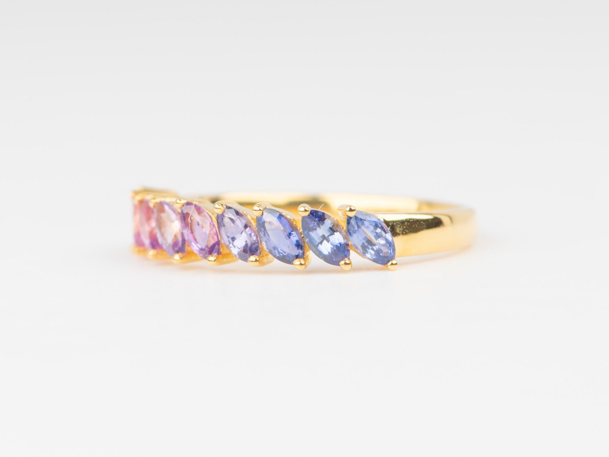 ♥ This is a stunning ring set with marquise sapphires ranging from pink, lavender, to purple, purplish blue colors
♥ These colors in sapphire are very difficult to find and match into an ombre shade. We only had enough stones to make one ring, not