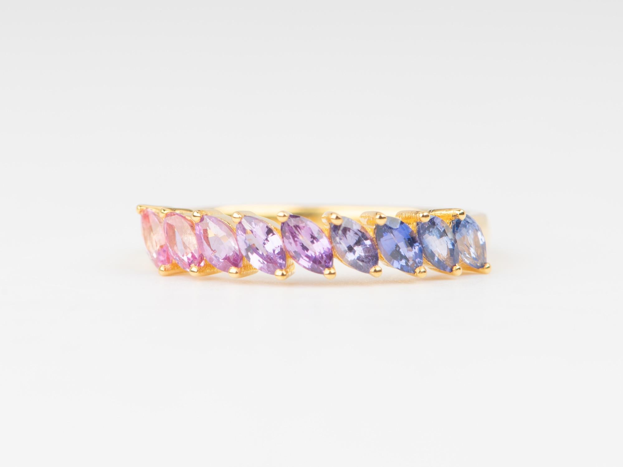 ♥ This is a stunning ring set with marquise sapphires ranging from pink, lavender, to purple, purplish blue colors
♥ These colors in sapphire are very difficult to find and match into an ombre shade. We only had enough stones to make one ring, not
