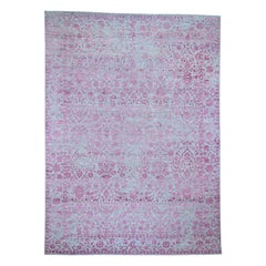 Pink Tone on Tone Broken Flower Design Wool and Silk Hand Knotted Rug