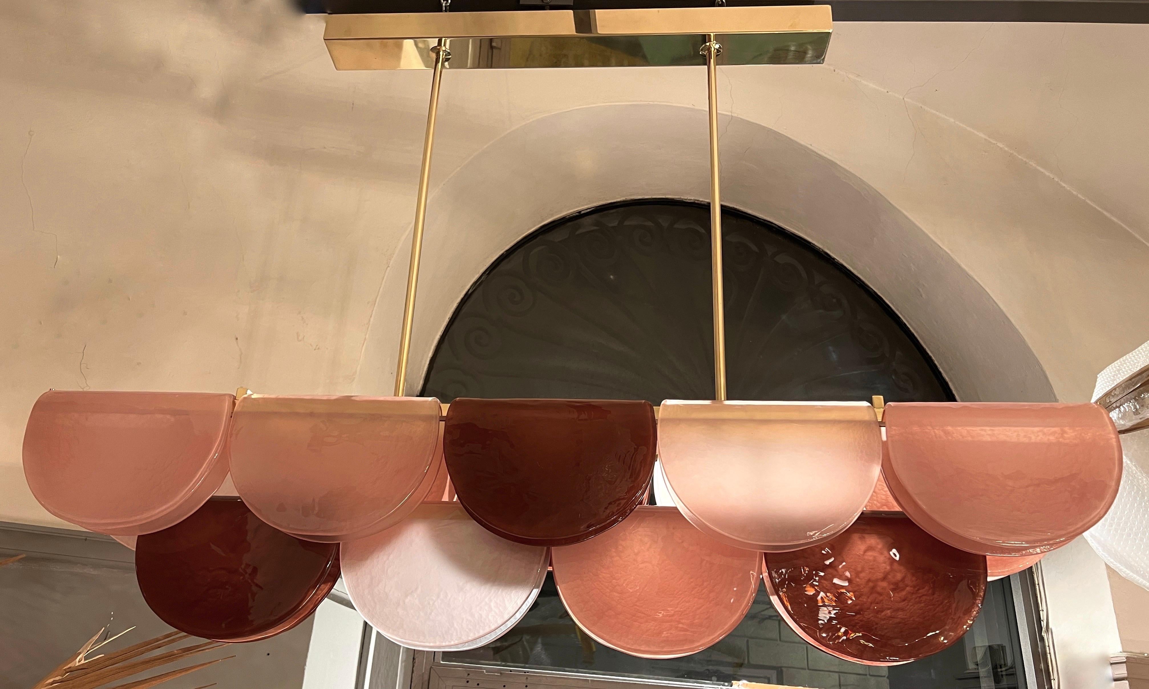 Lampadario in vetro di Murano nei toni del rosa con struttura in ottone e luci a led, anni '90 in vendita 11