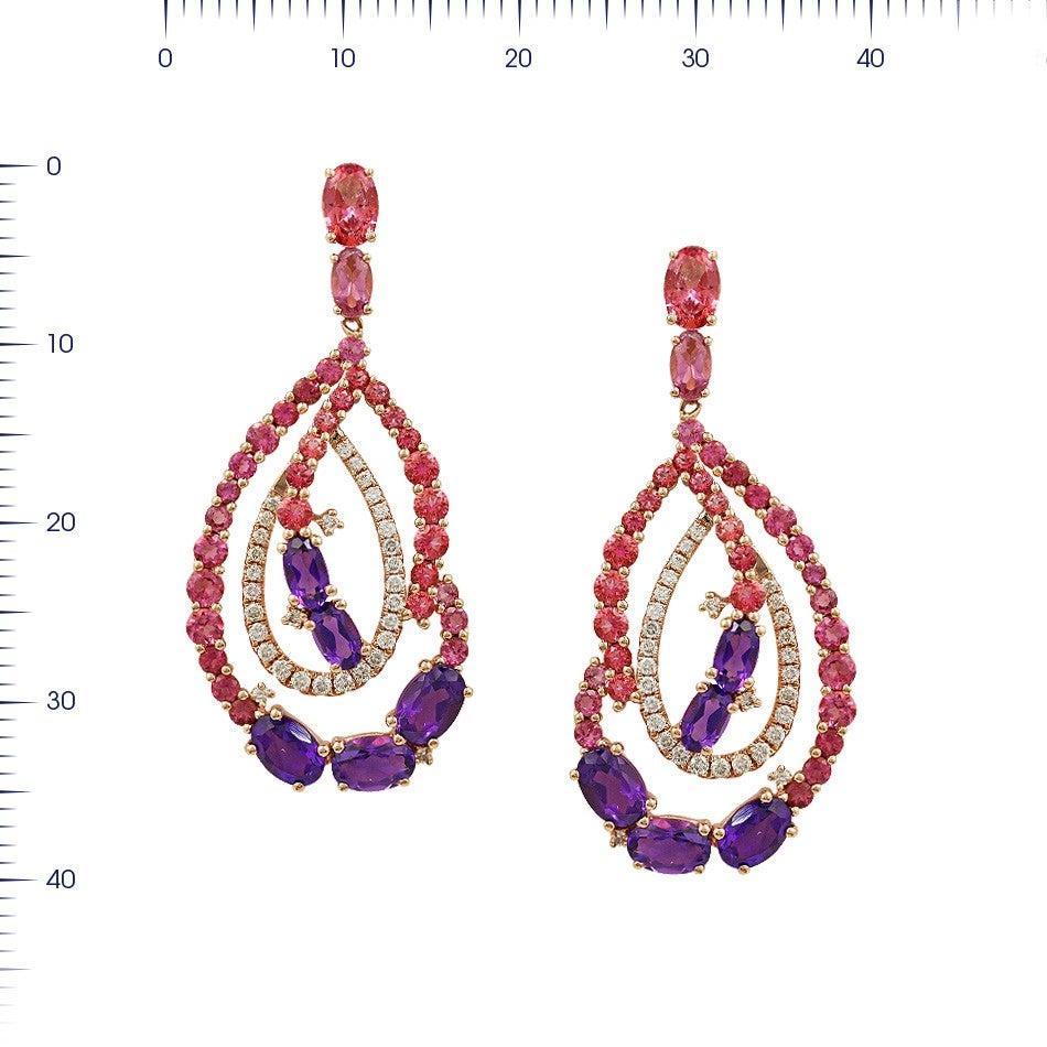 Pink Topaz / Amethyst / Tourmaline Diamond Yellow Gold Drop Earrings In New Condition For Sale In Montreux, CH