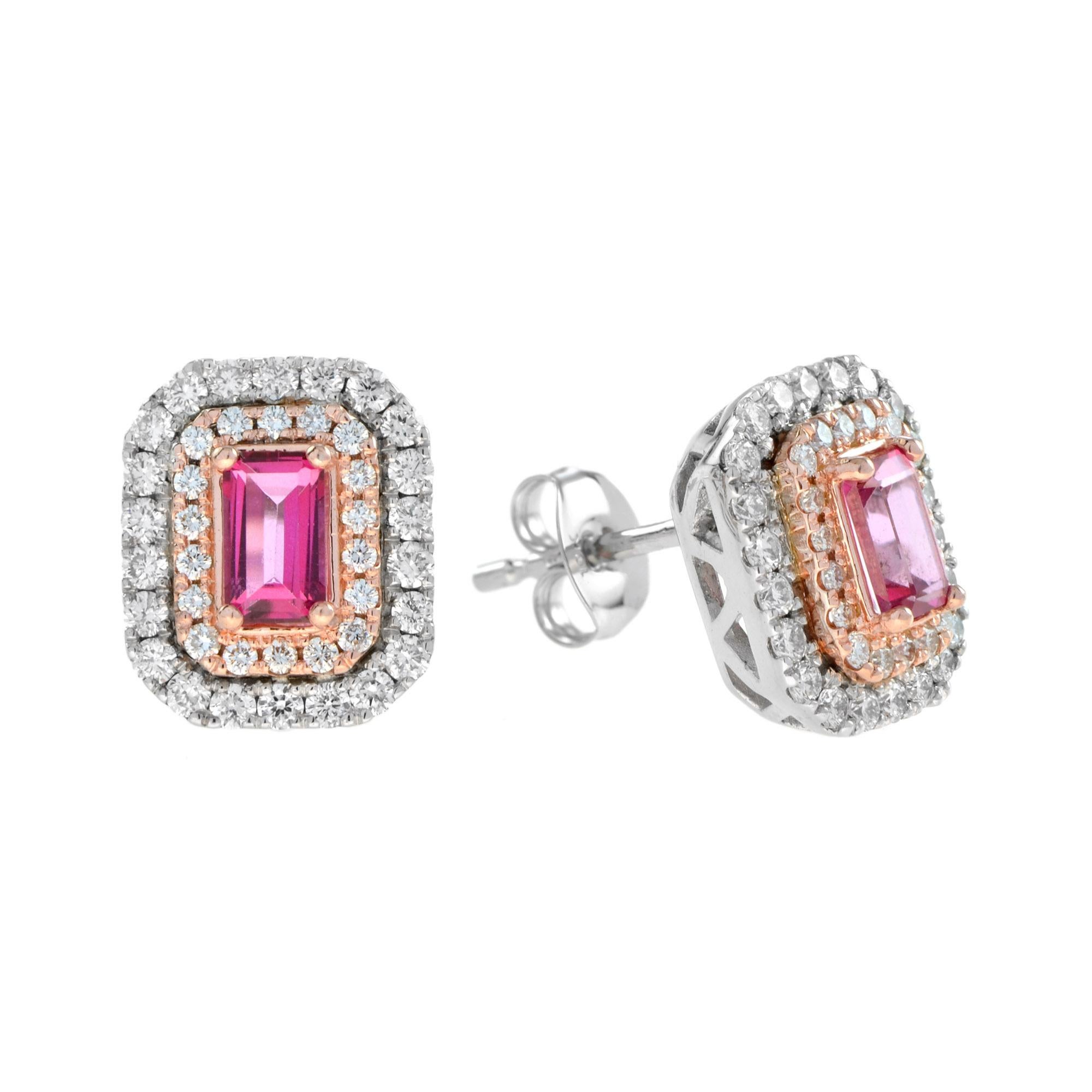 Un vibrante zafiro rosa se sitúa en el centro, irradiando encanto femenino y suave sofisticación. A su alrededor, un halo de diamantes brillantes forma un llamativo marco geométrico que atrapa la luz con cada movimiento. El diseño atemporal de las