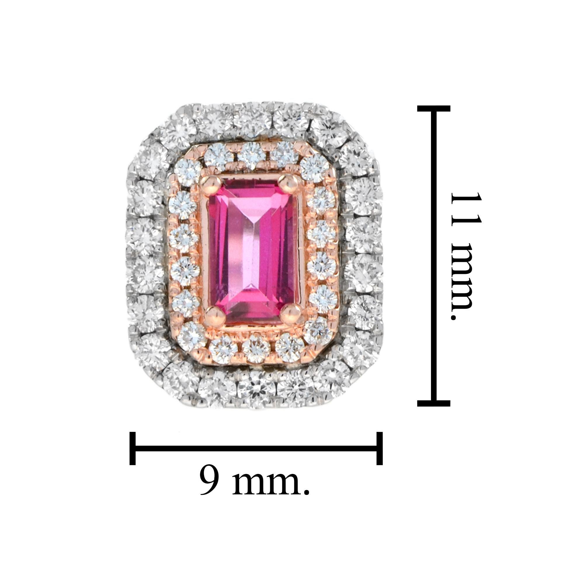 Pendientes de oro blanco de 18 quilates estilo Art Déco con topacio rosa y diamantes Corte esmeralda en venta