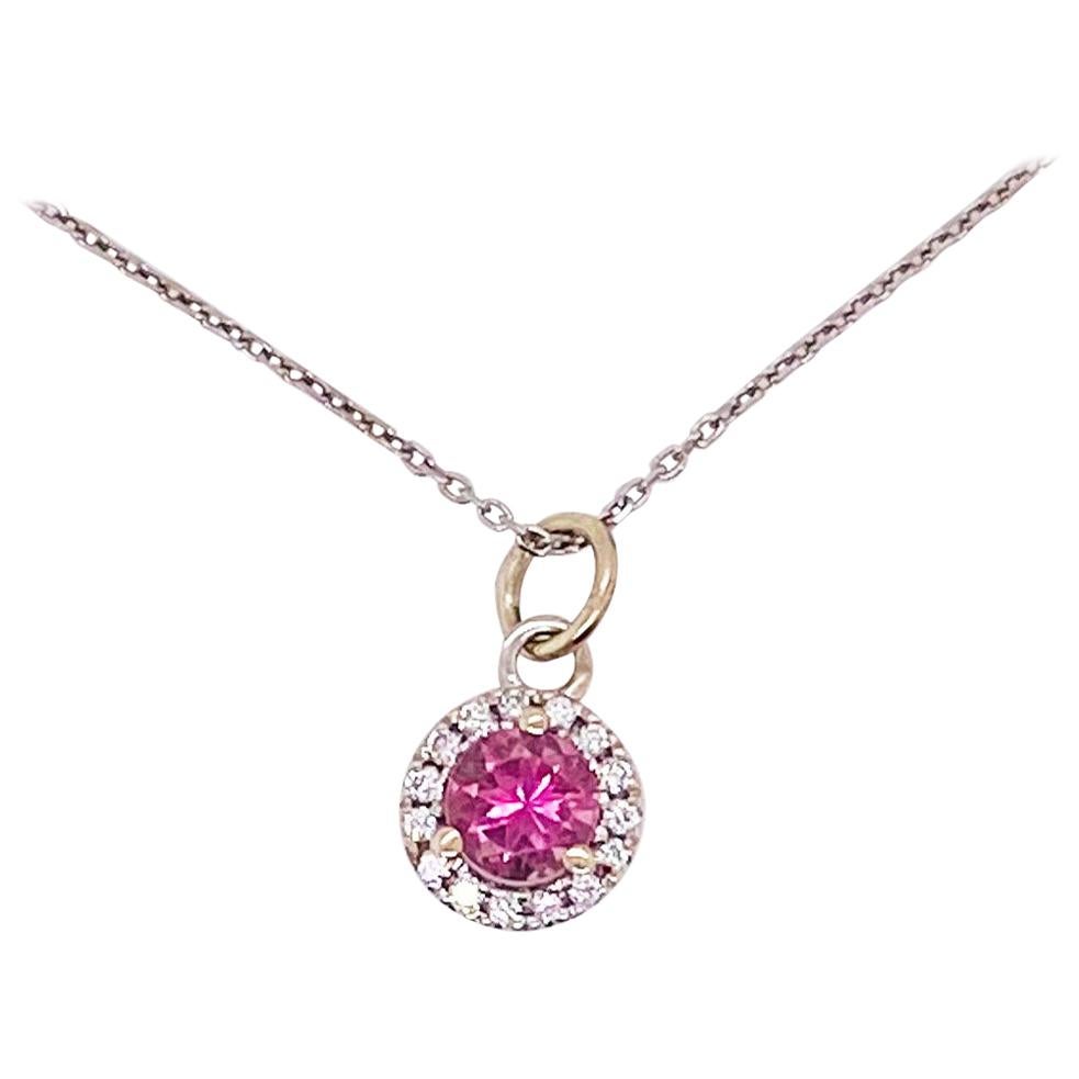 Pink Topaz and Diamond Halo Pendant 14 Karat White Gold Necklace November Birth