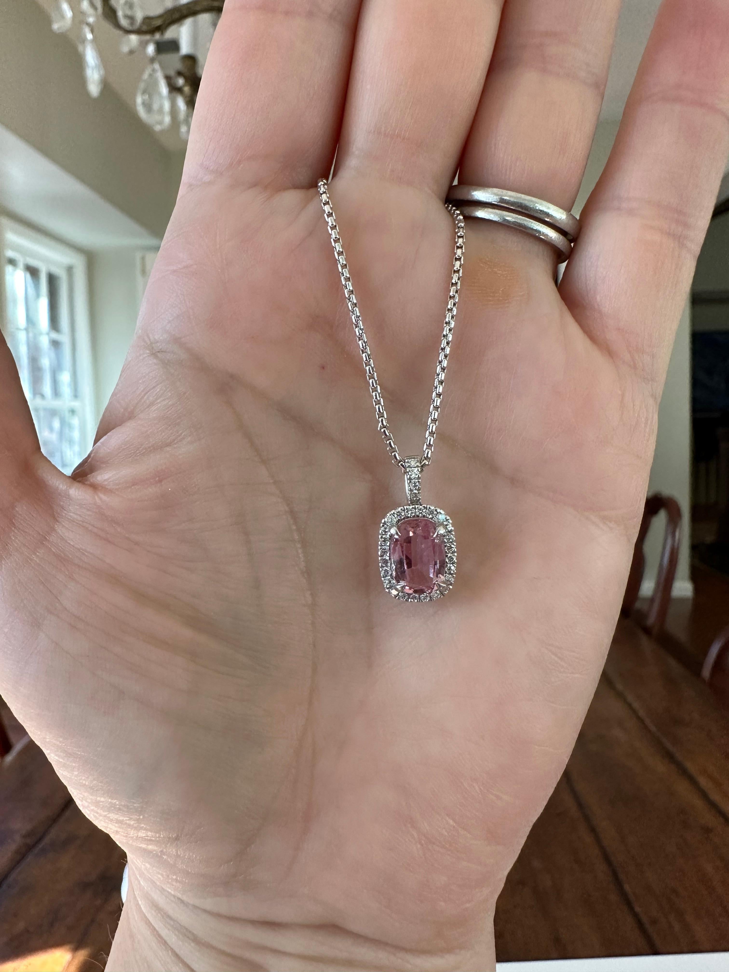Pink Topaz and Diamond Halo Pendant Necklace  For Sale 5
