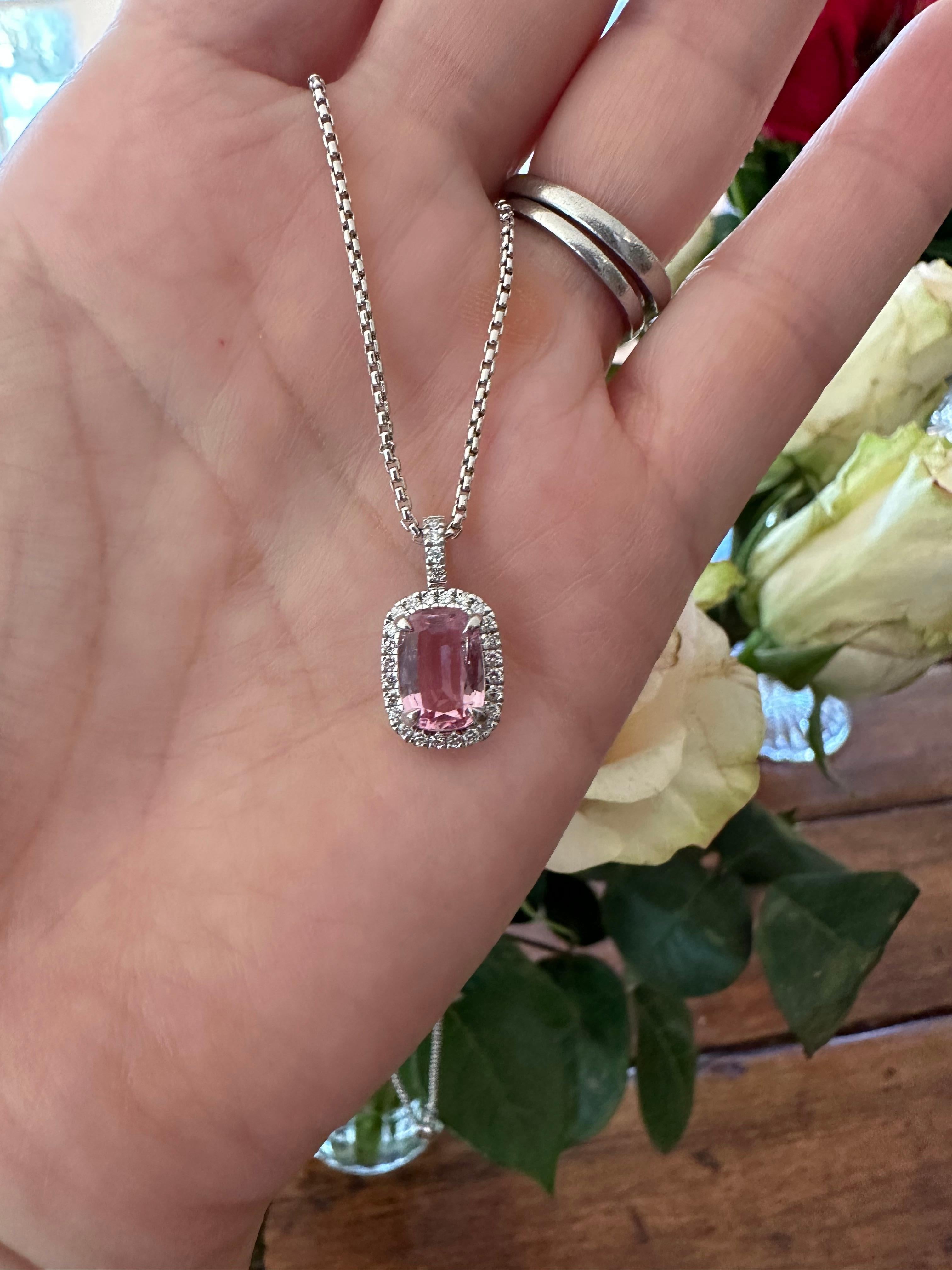 Pink Topaz and Diamond Halo Pendant Necklace  For Sale 6