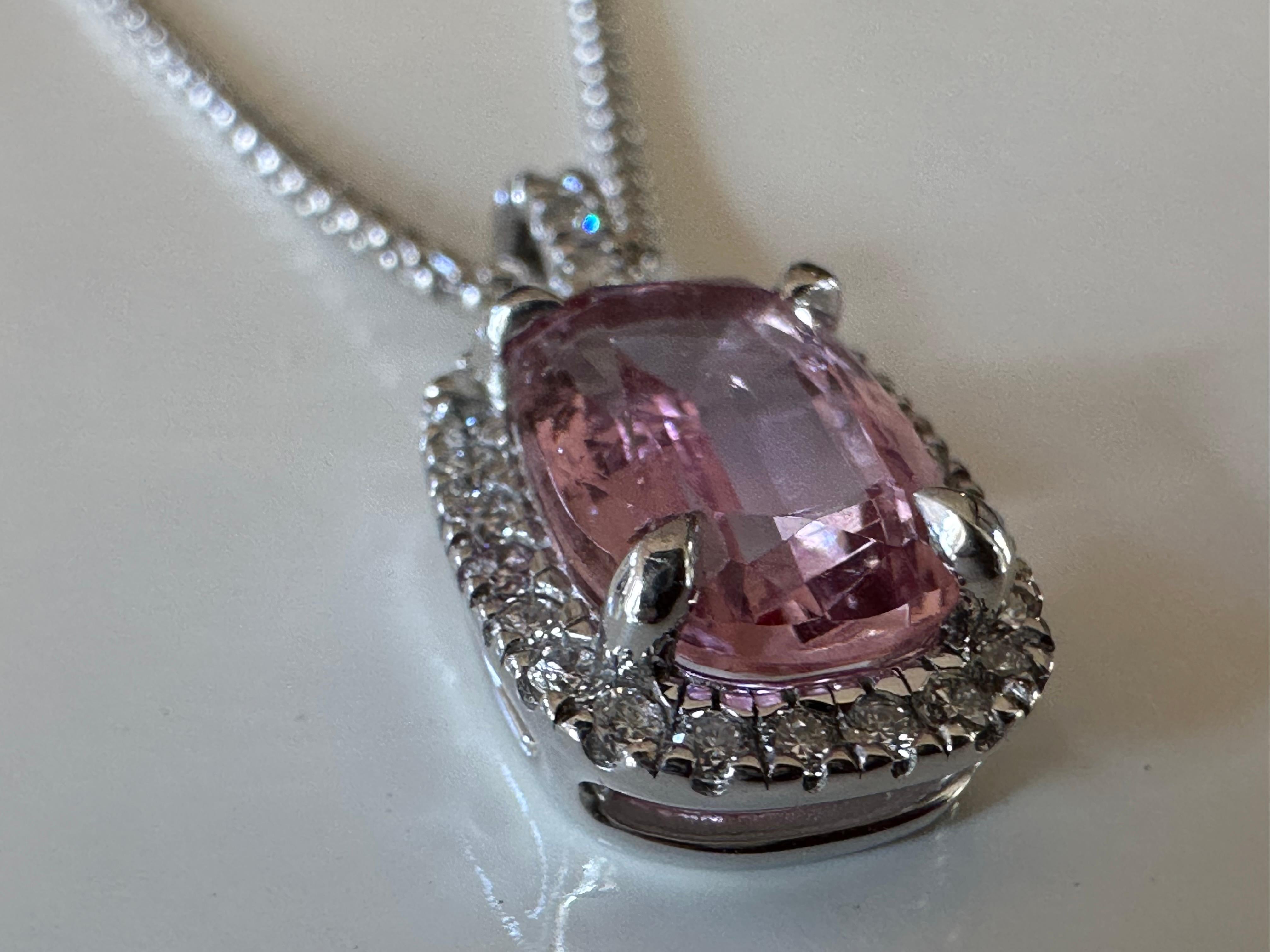Cushion Cut Pink Topaz and Diamond Halo Pendant Necklace  For Sale