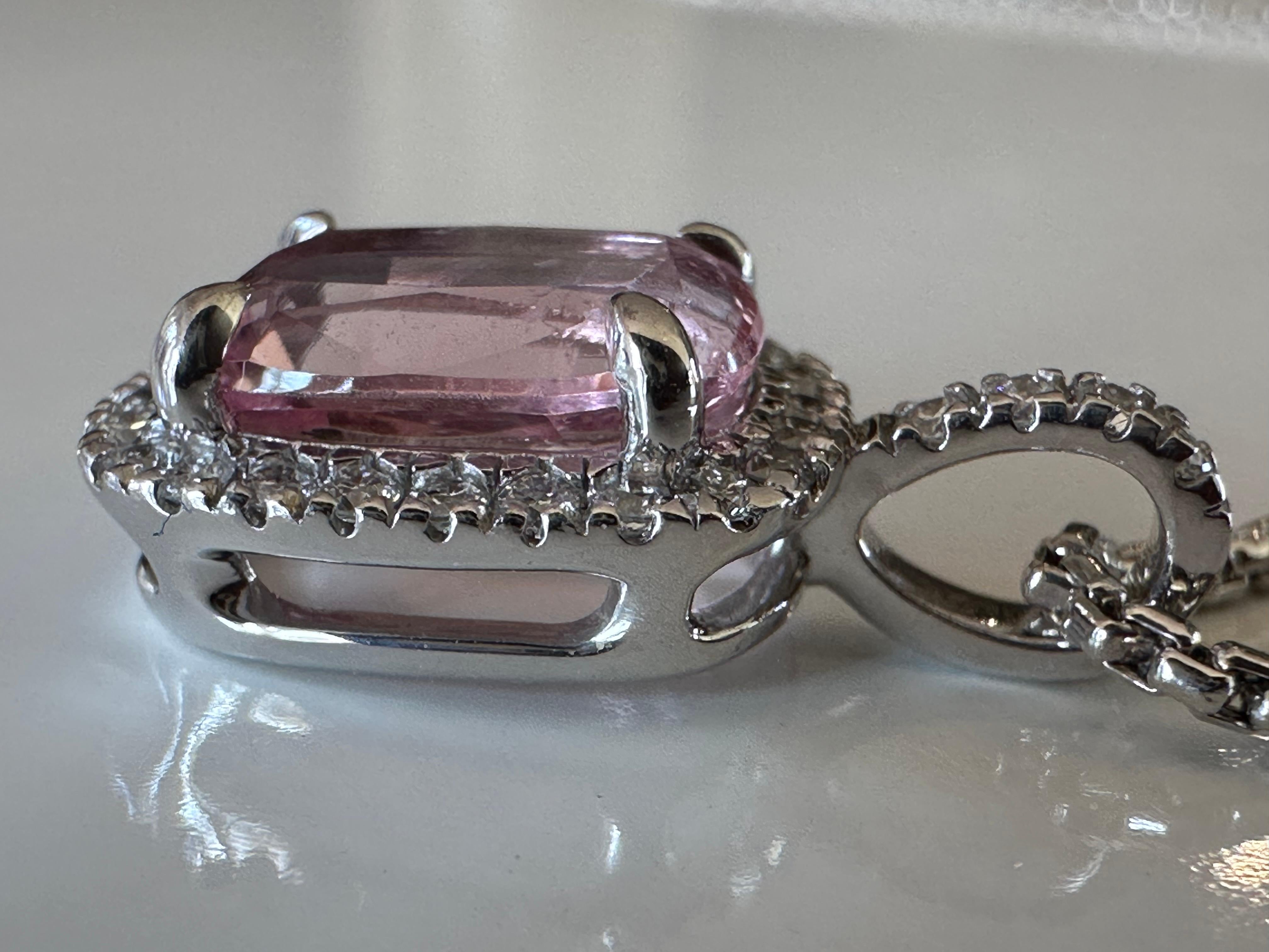 Women's Pink Topaz and Diamond Halo Pendant Necklace  For Sale