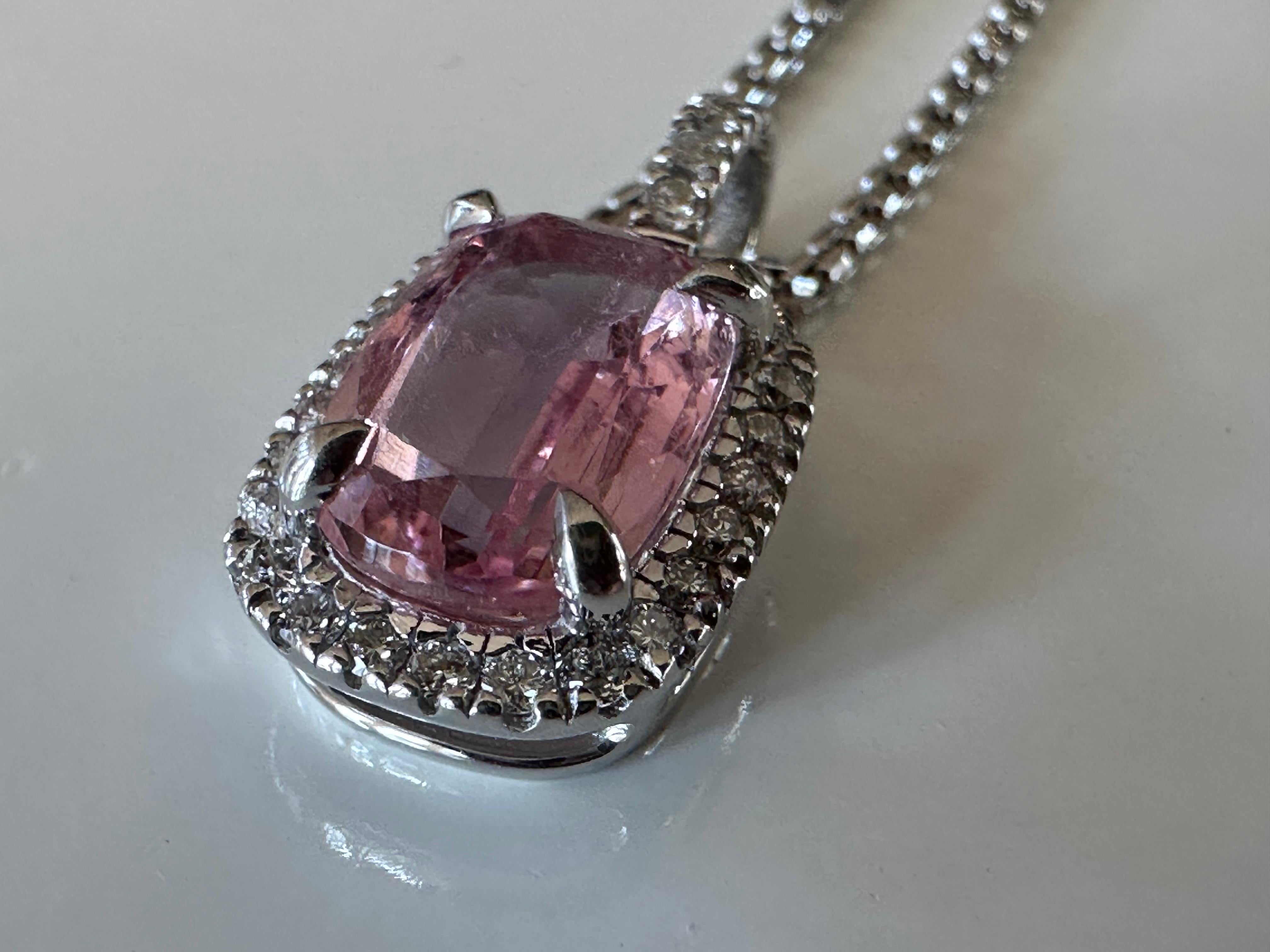 Pink Topaz and Diamond Halo Pendant Necklace  For Sale 2