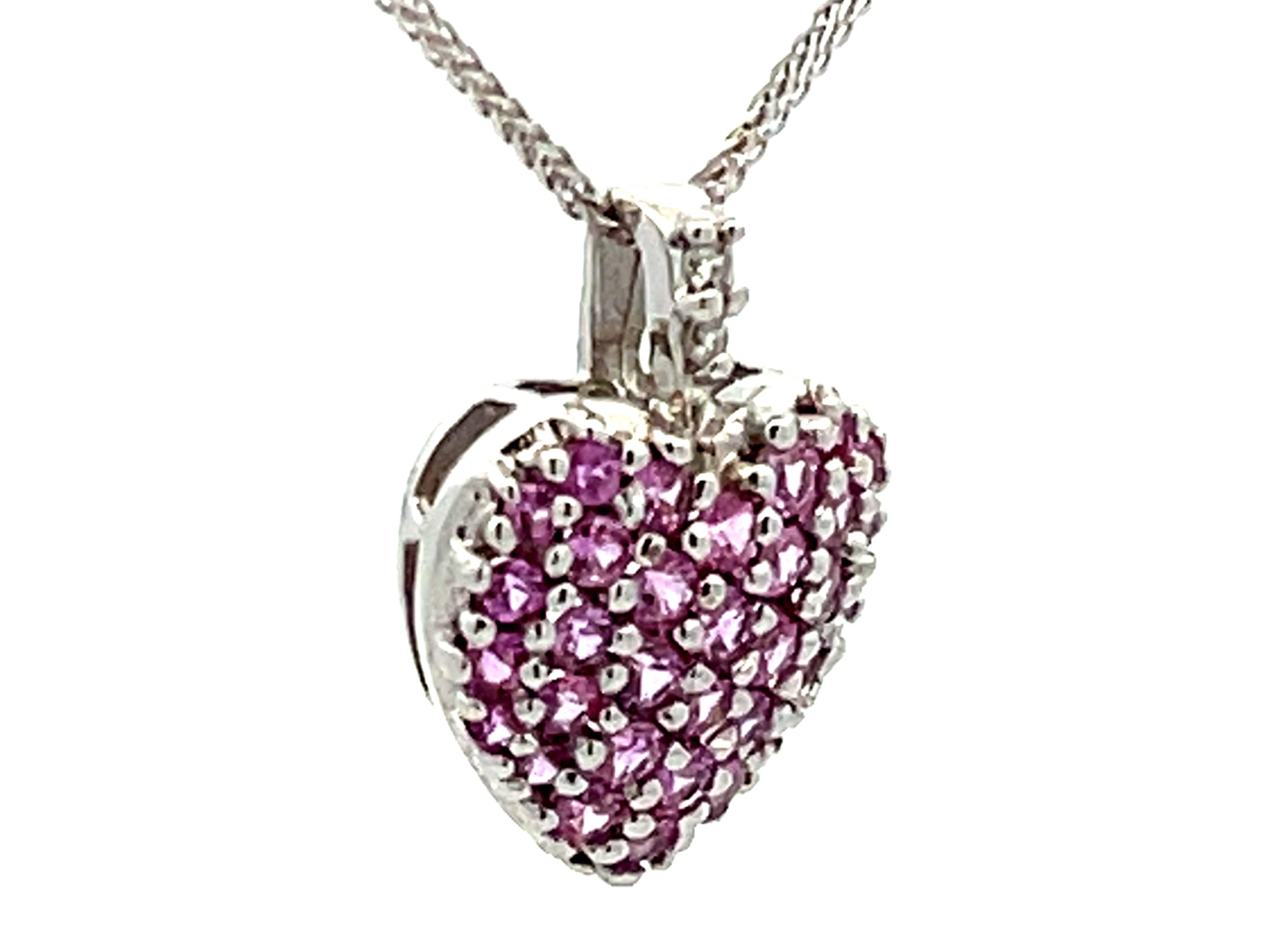 Modern Pink Topaz and Diamond Heart Necklace 14K White Gold For Sale