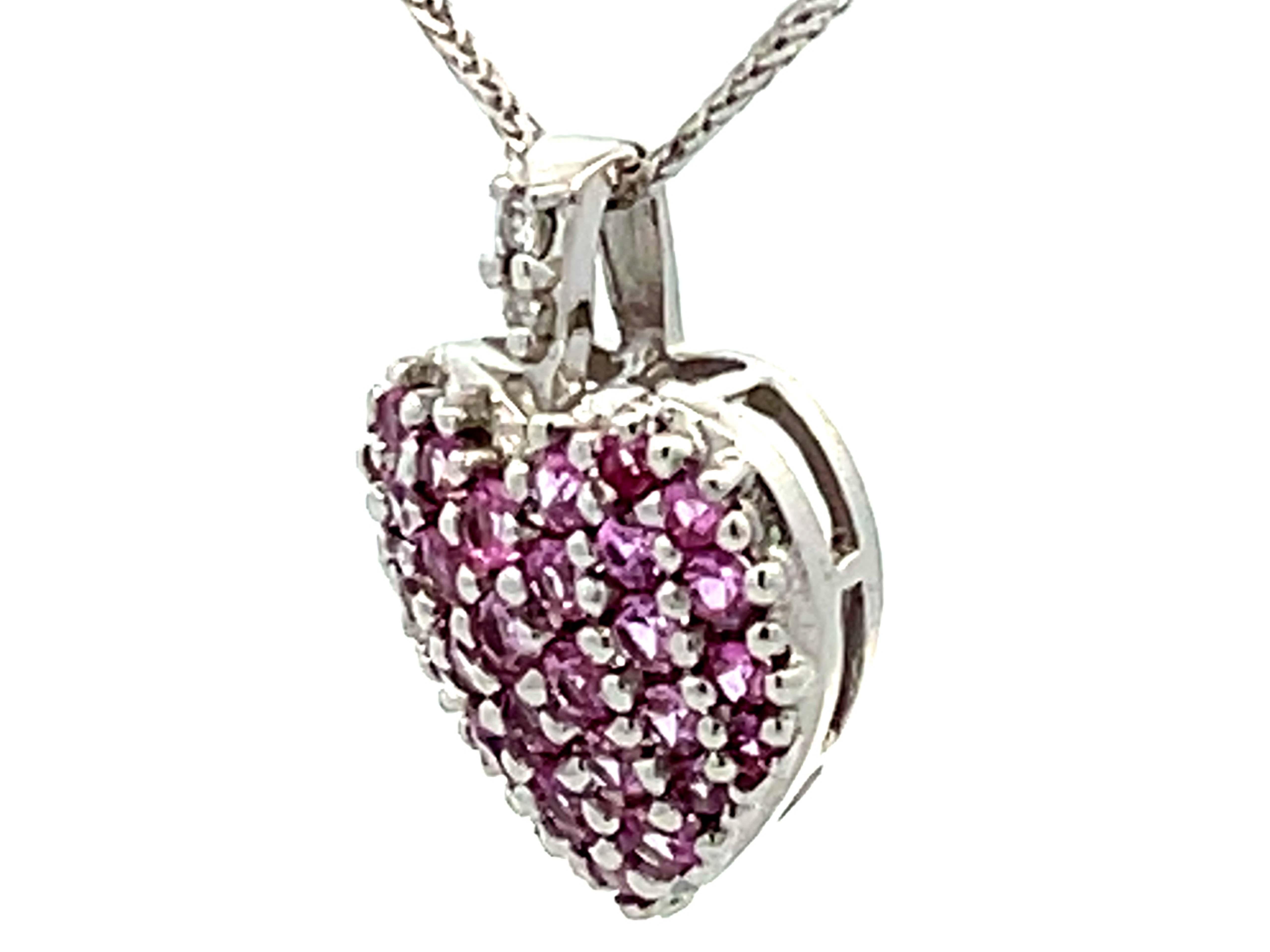 Brilliant Cut Pink Topaz and Diamond Heart Necklace 14K White Gold For Sale
