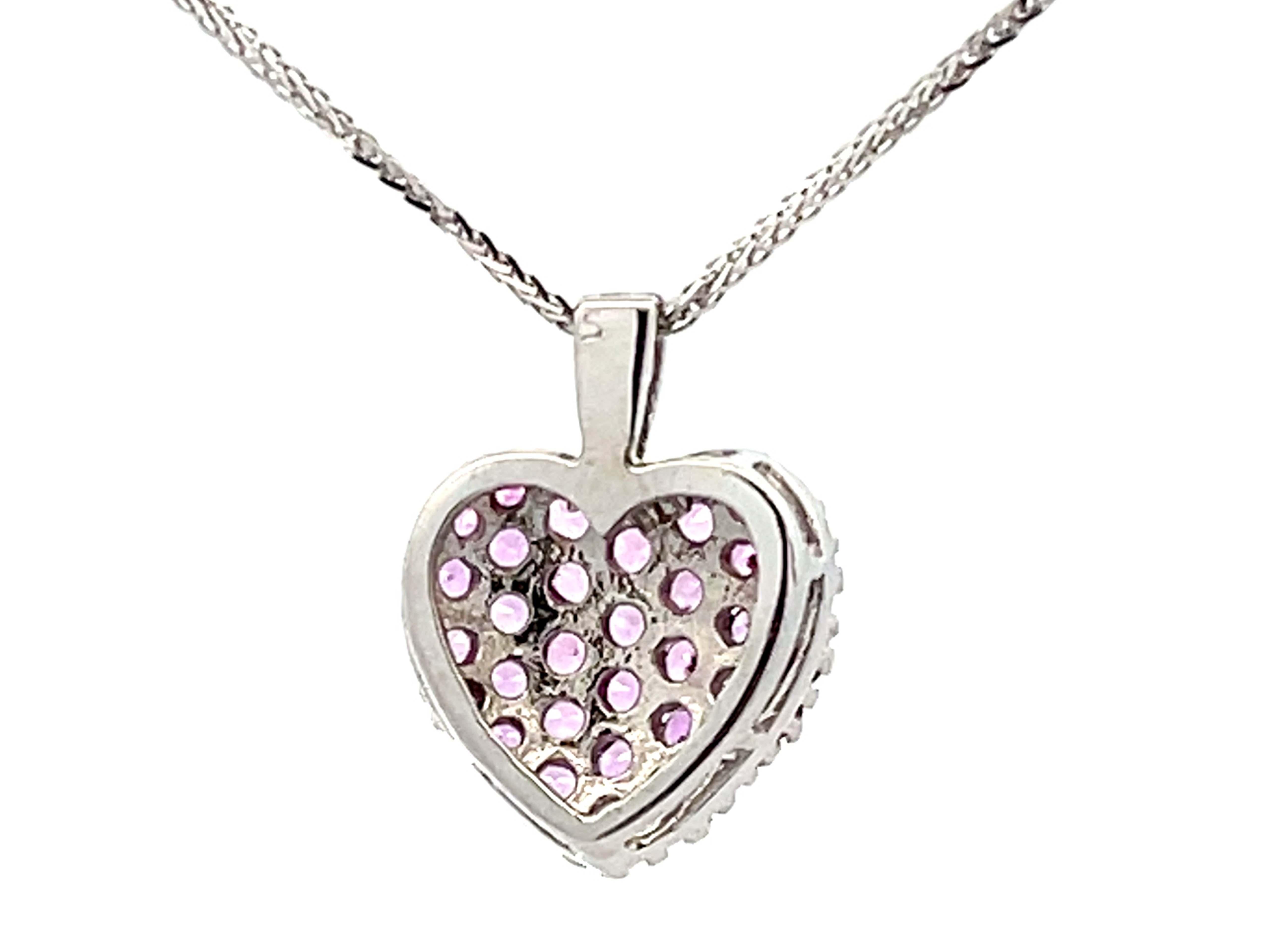 Pink Topaz and Diamond Heart Necklace 14K White Gold For Sale 1