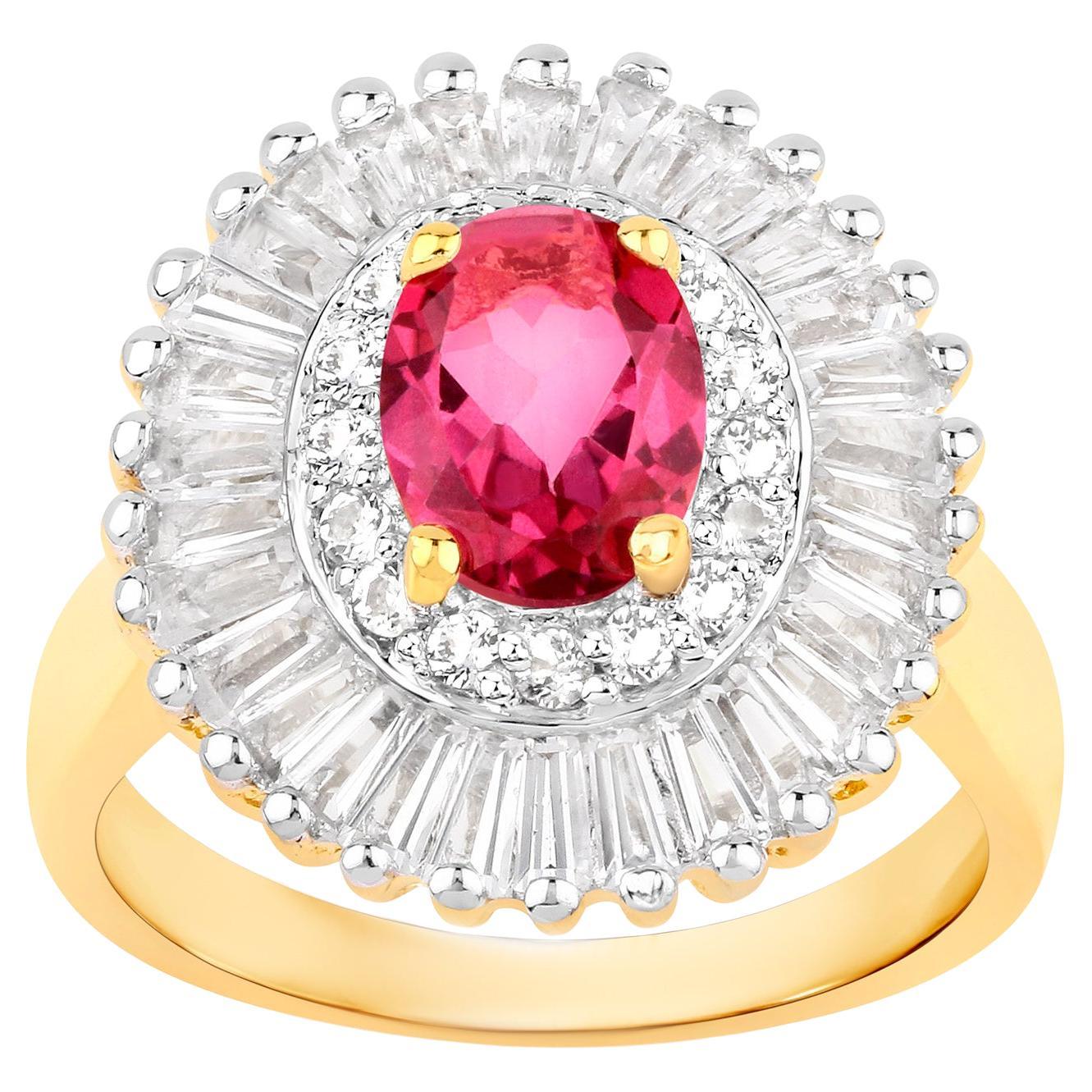 Pink Topaz Cocktail Ring White Topaz Halo 3.8 Carats 18K Gold Plated Silver For Sale