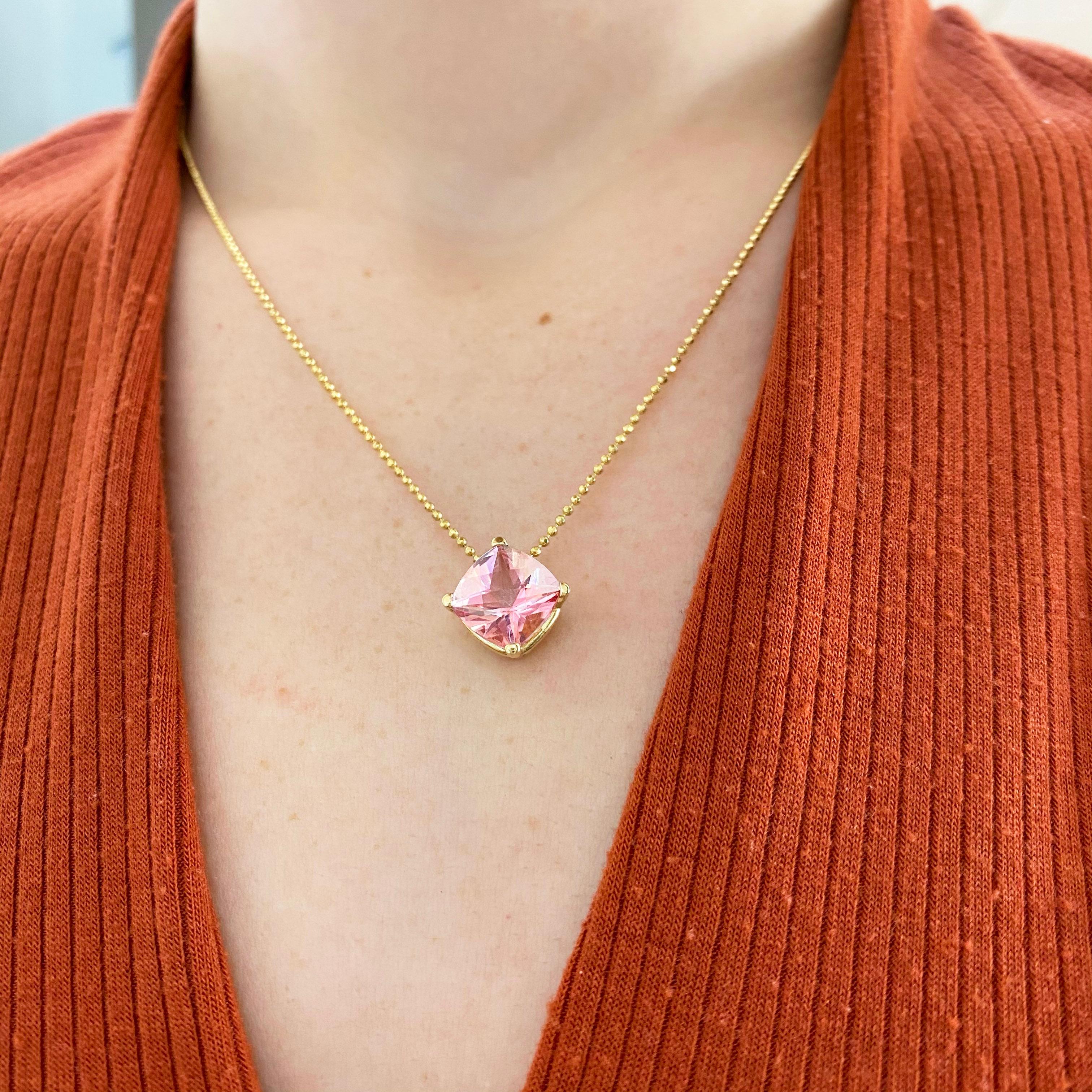 Pink Topaz Cushion Cut Gemstone with Yellow Gold Beaded Chain, Natural Genuine In New Condition For Sale In Austin, TX