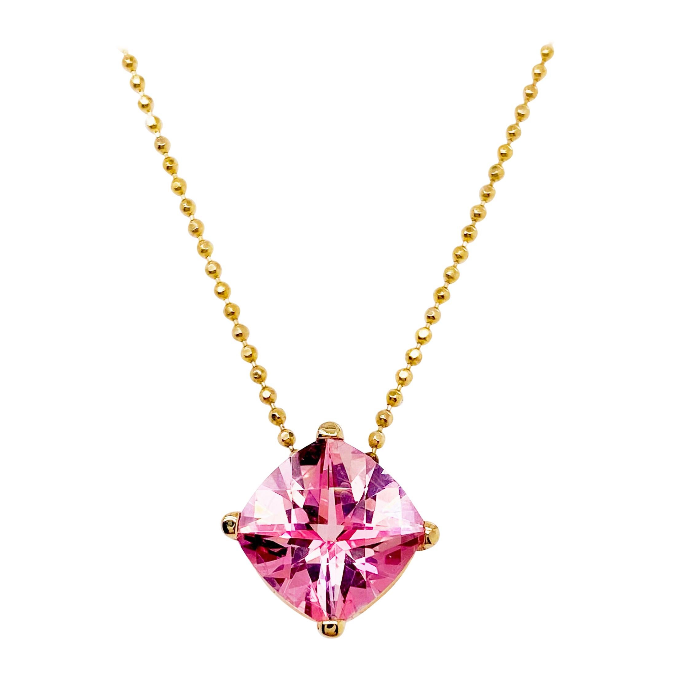 Pink Topaz Cushion Cut Gemstone with Yellow Gold Beaded Chain, Natural Genuine For Sale