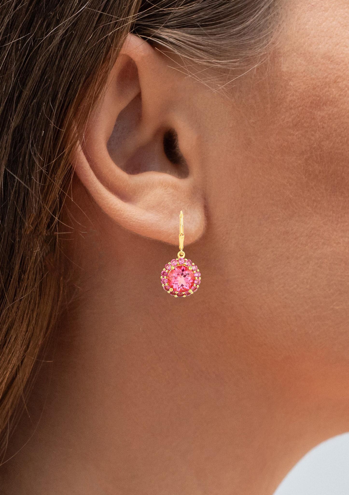 Contemporary Pink Topaz Dangle Earrings Rhodolites 10.7 Carats 18K Gold Plated Silver For Sale