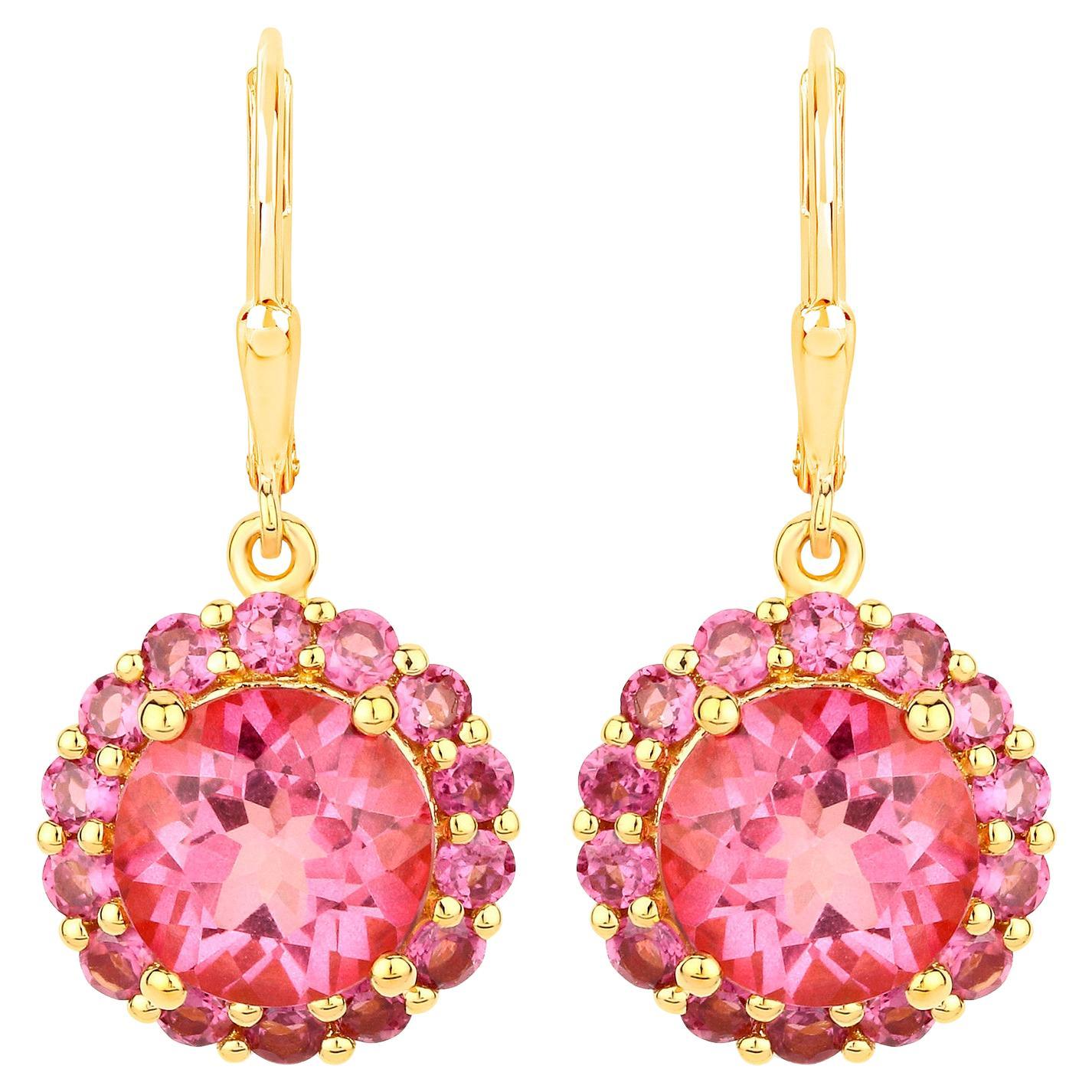 Pink Topaz Dangle Earrings Rhodolites 10.7 Carats 18K Gold Plated Silver For Sale