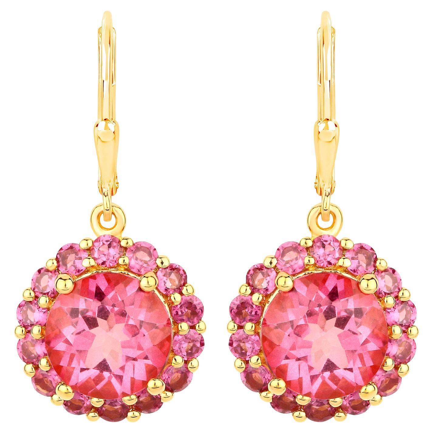 Pink Topaz Dangle Earrings Rhodolites 10.7 Carats 18K Gold Plated Silver