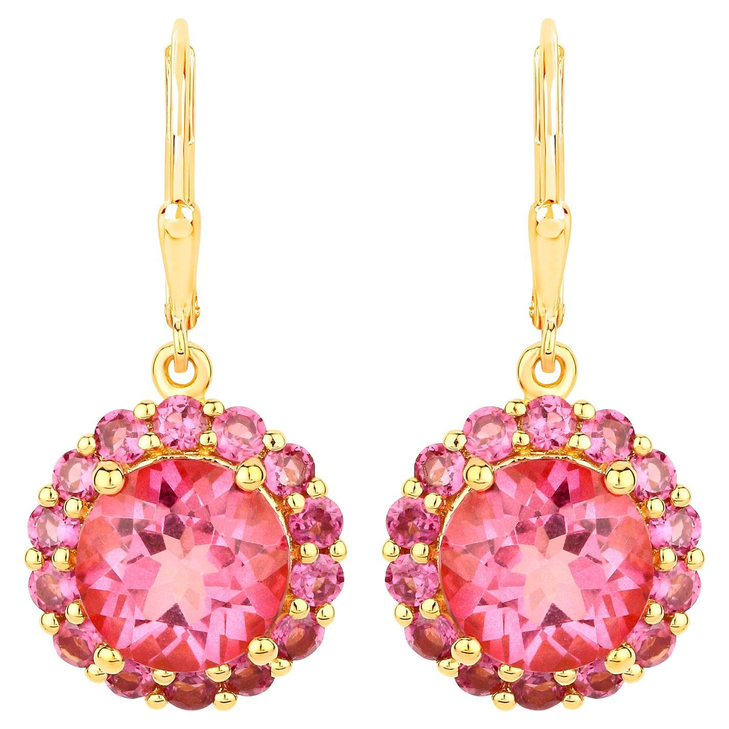 Pink Topaz Dangle Earrings Rhodolites 10.7 Carats 18K Gold Plated Silver