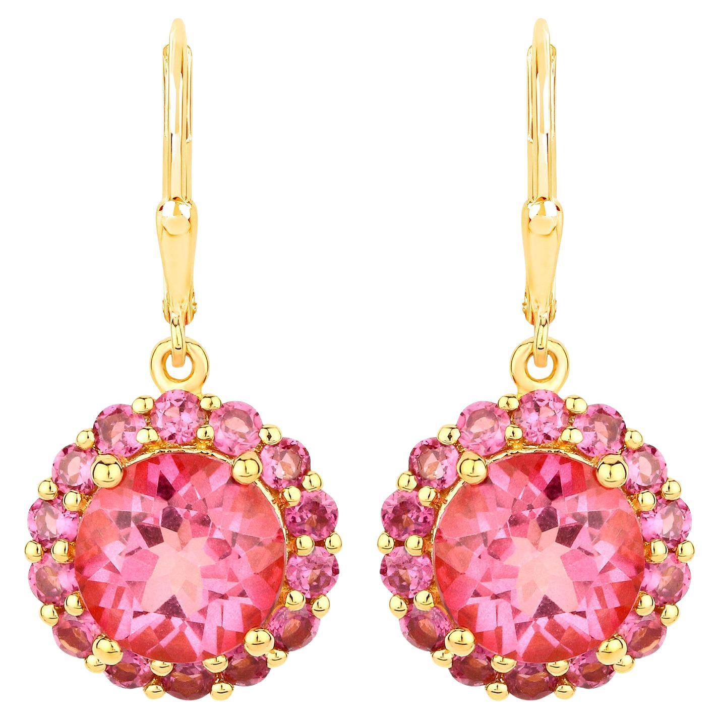 Pink Topaz Dangle Earrings Rhodolites 10.7 Carats 18K Gold Plated Silver For Sale