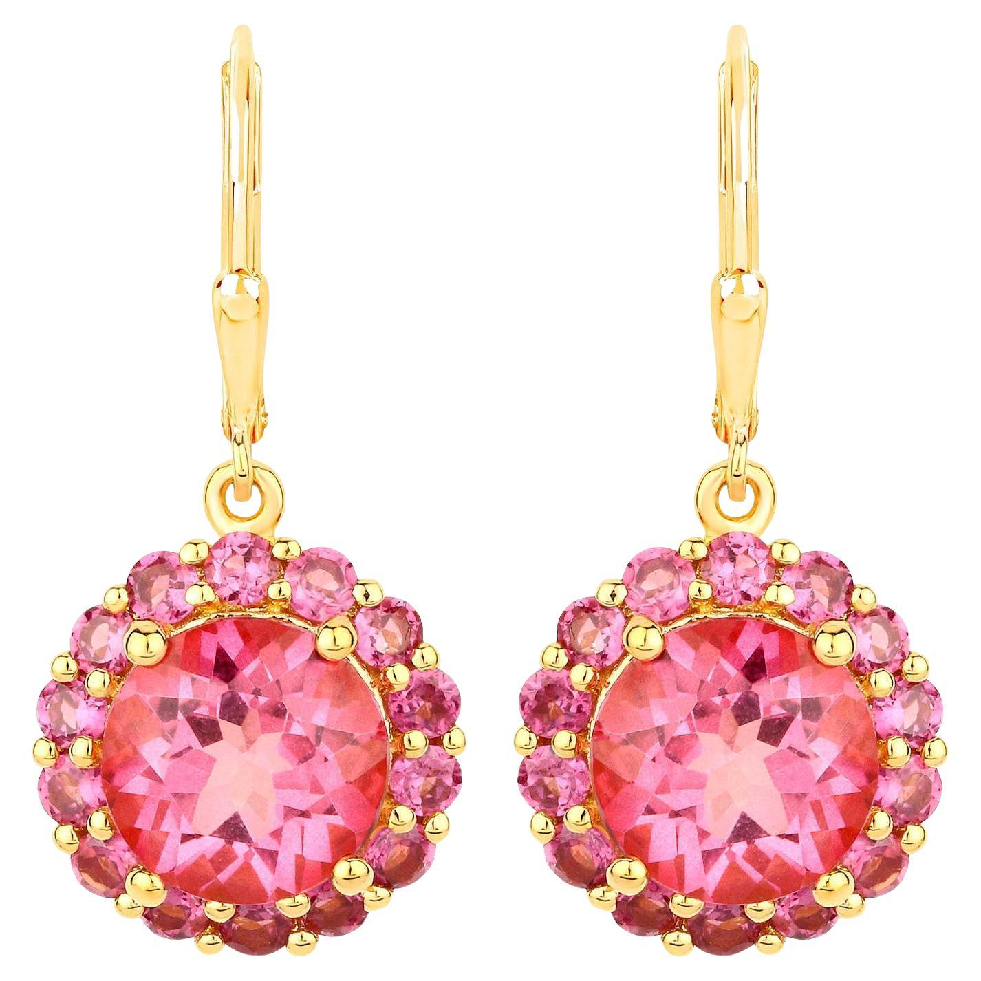 Pink Topaz Dangle Earrings Rhodolites 10.7 Carats 18K Gold Plated Silver For Sale
