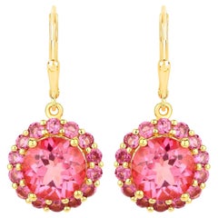 Pink Topaz Dangle Earrings Rhodolites 10.7 Carats 18K Gold Plated Silver