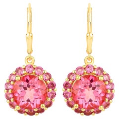 Pink Topaz Dangle Earrings Rhodolites 10.7 Carats 18K Gold Plated Silver