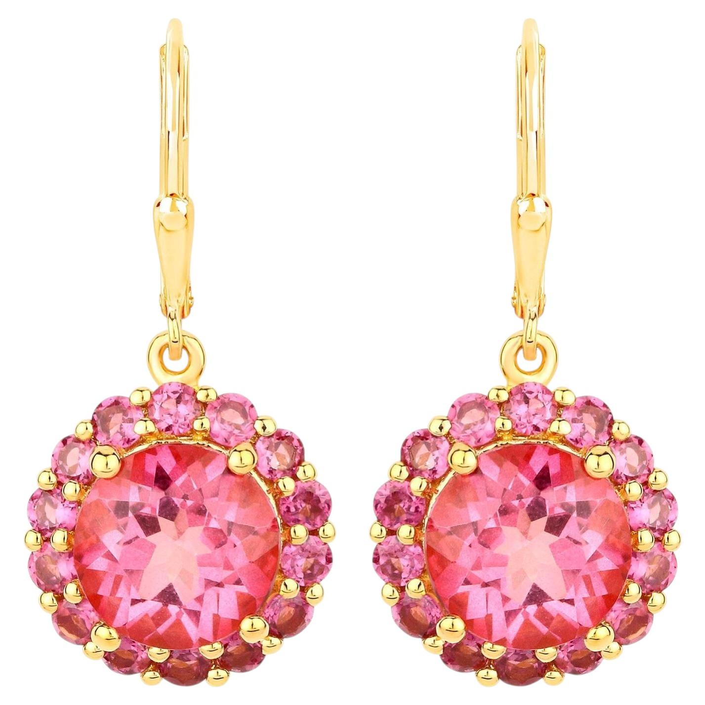 Pink Topaz Dangle Earrings Rhodolites 10.7 Carats 18K Gold Plated Silver
