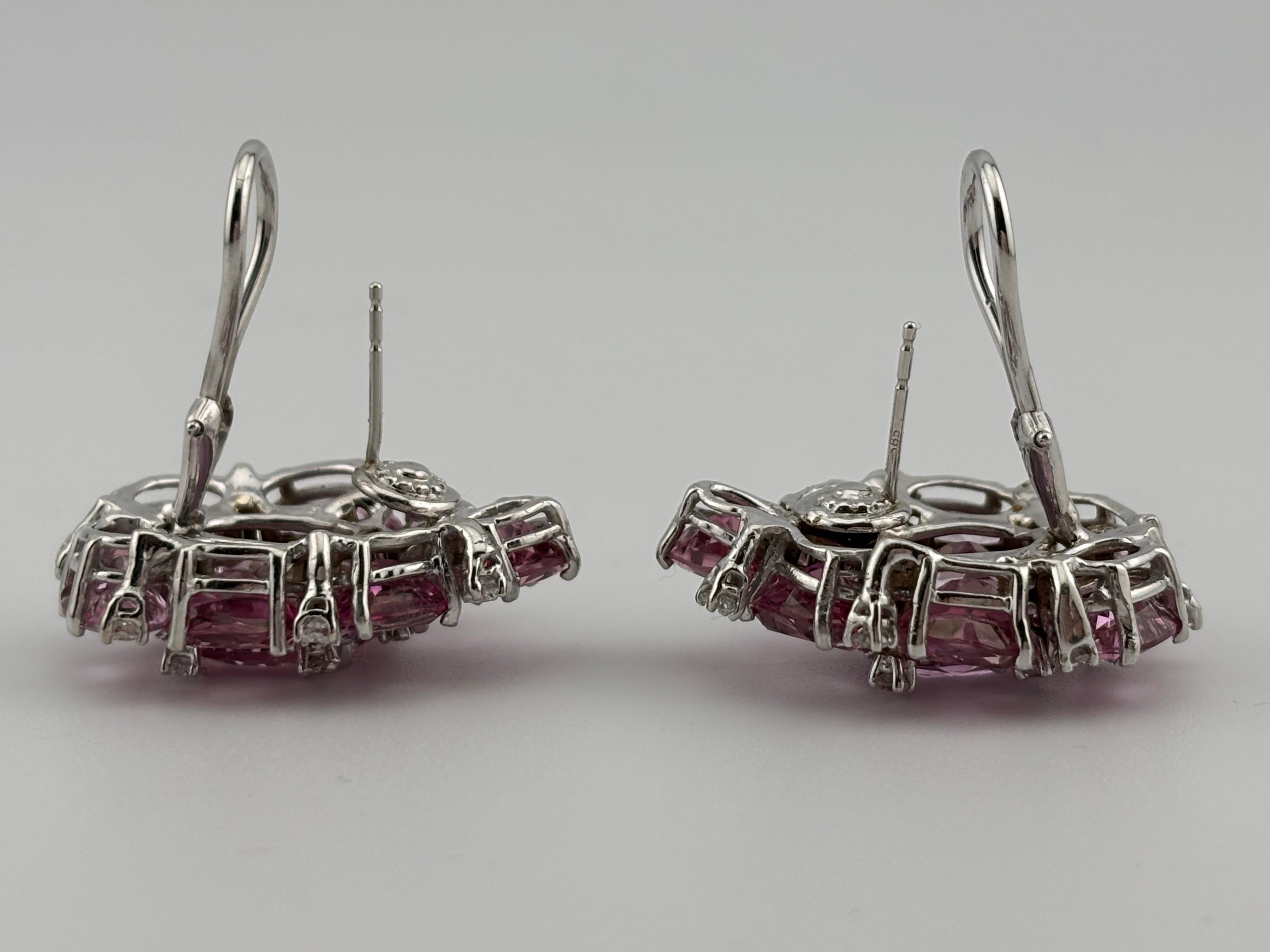 Pink Topaz & Diamond 18k White Gold Earrings Omega Back For Sale 5