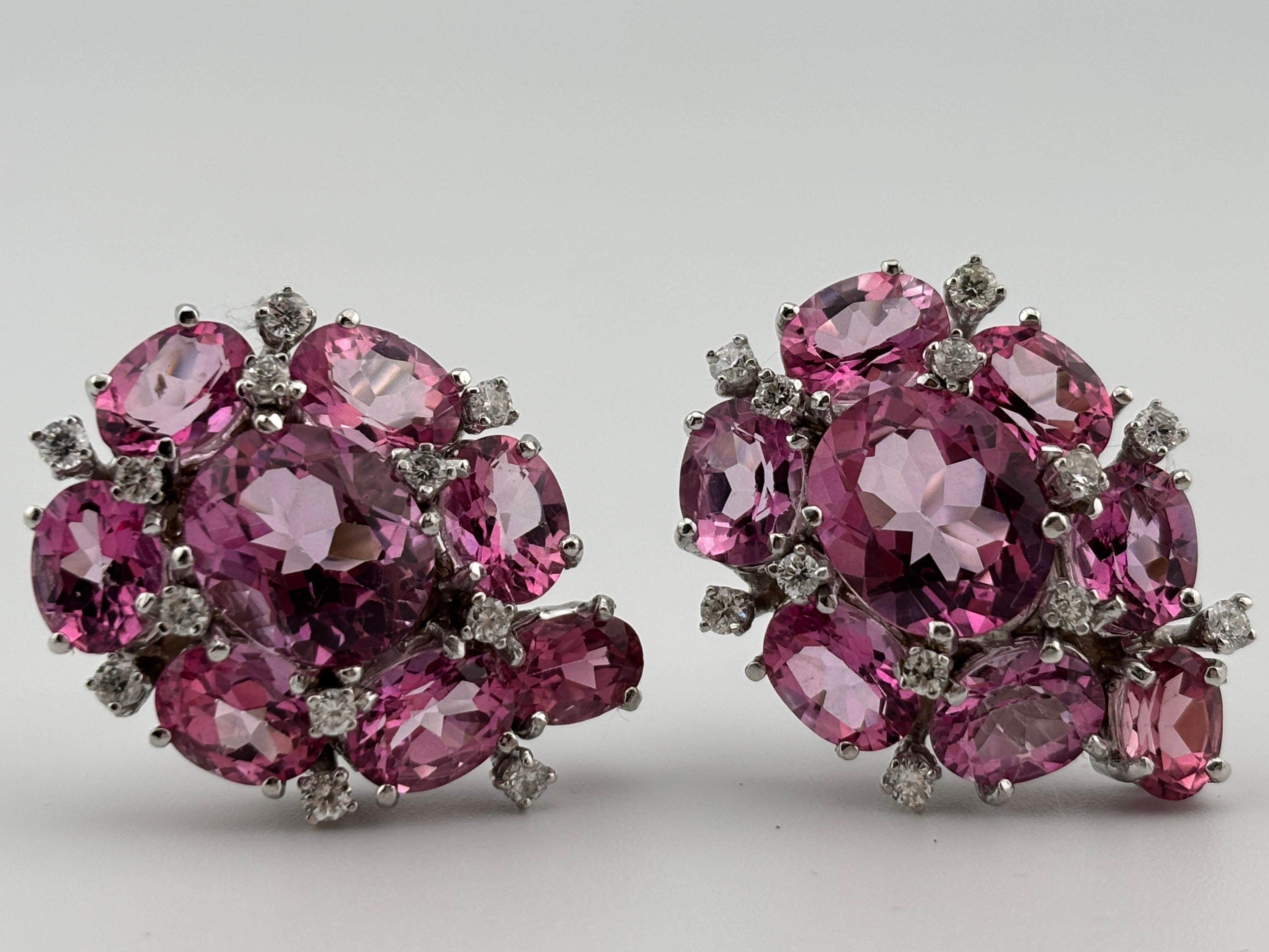 Pink Topaz & Diamond 18k White Gold Earrings Omega Back For Sale 6