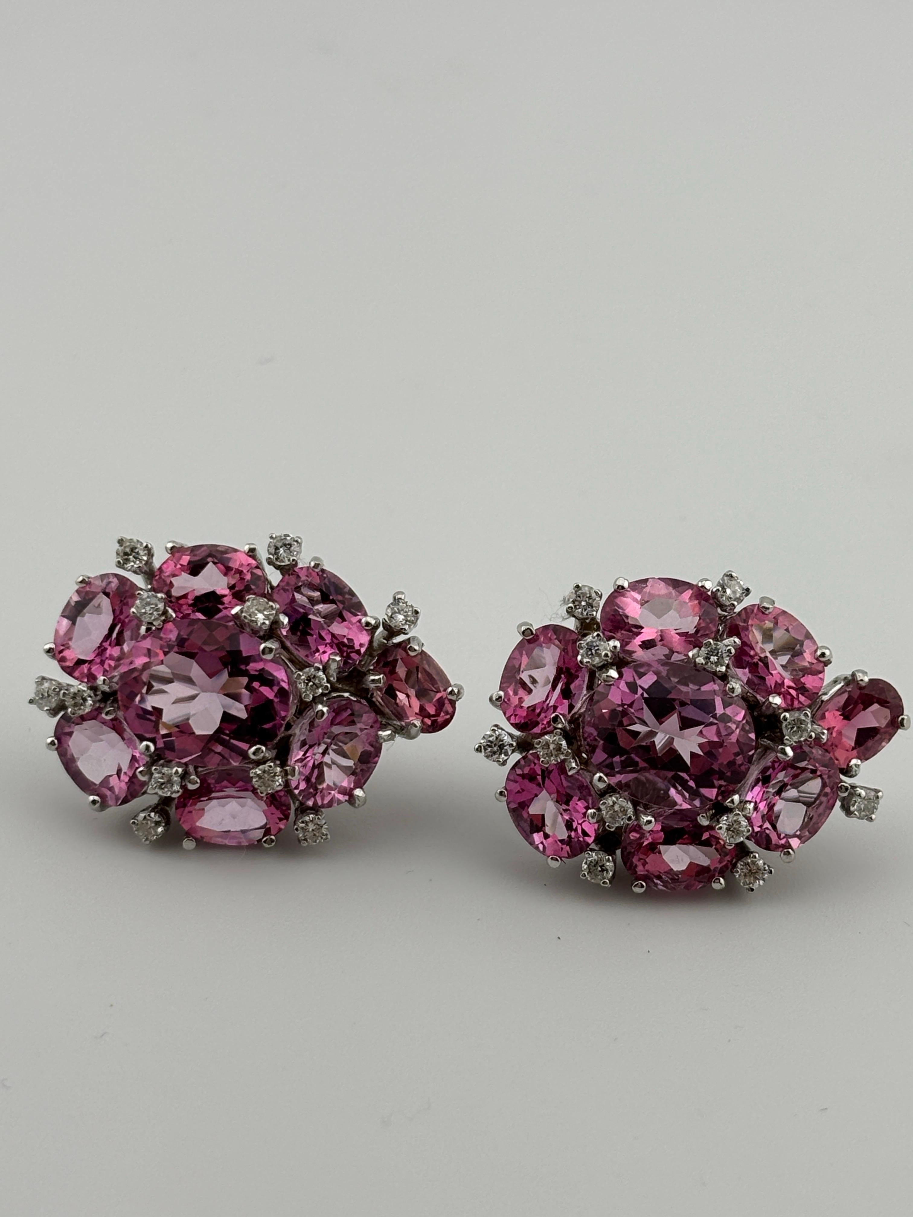 Pink Topaz & Diamond 18k White Gold Earrings Omega Back For Sale 9