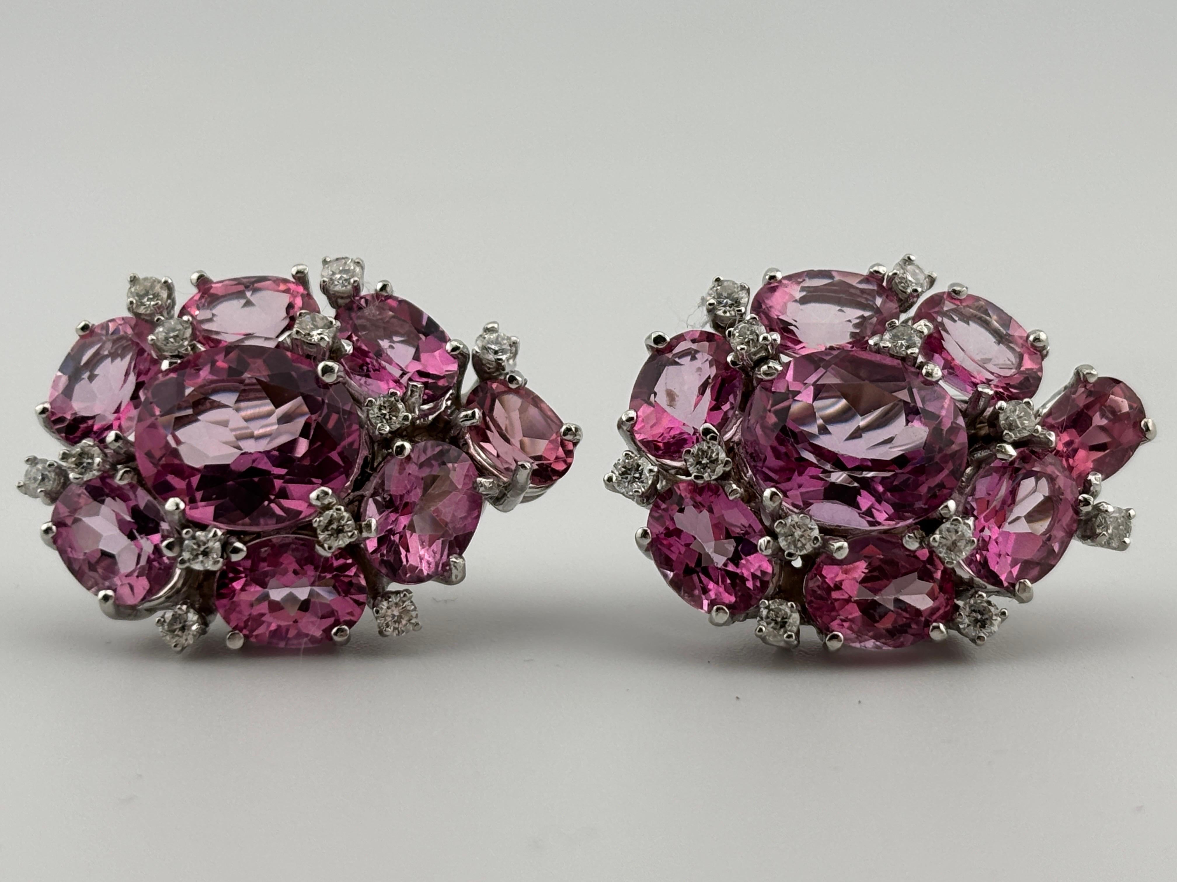 Pink Topaz & Diamond 18k White Gold Earrings Omega Back For Sale 10