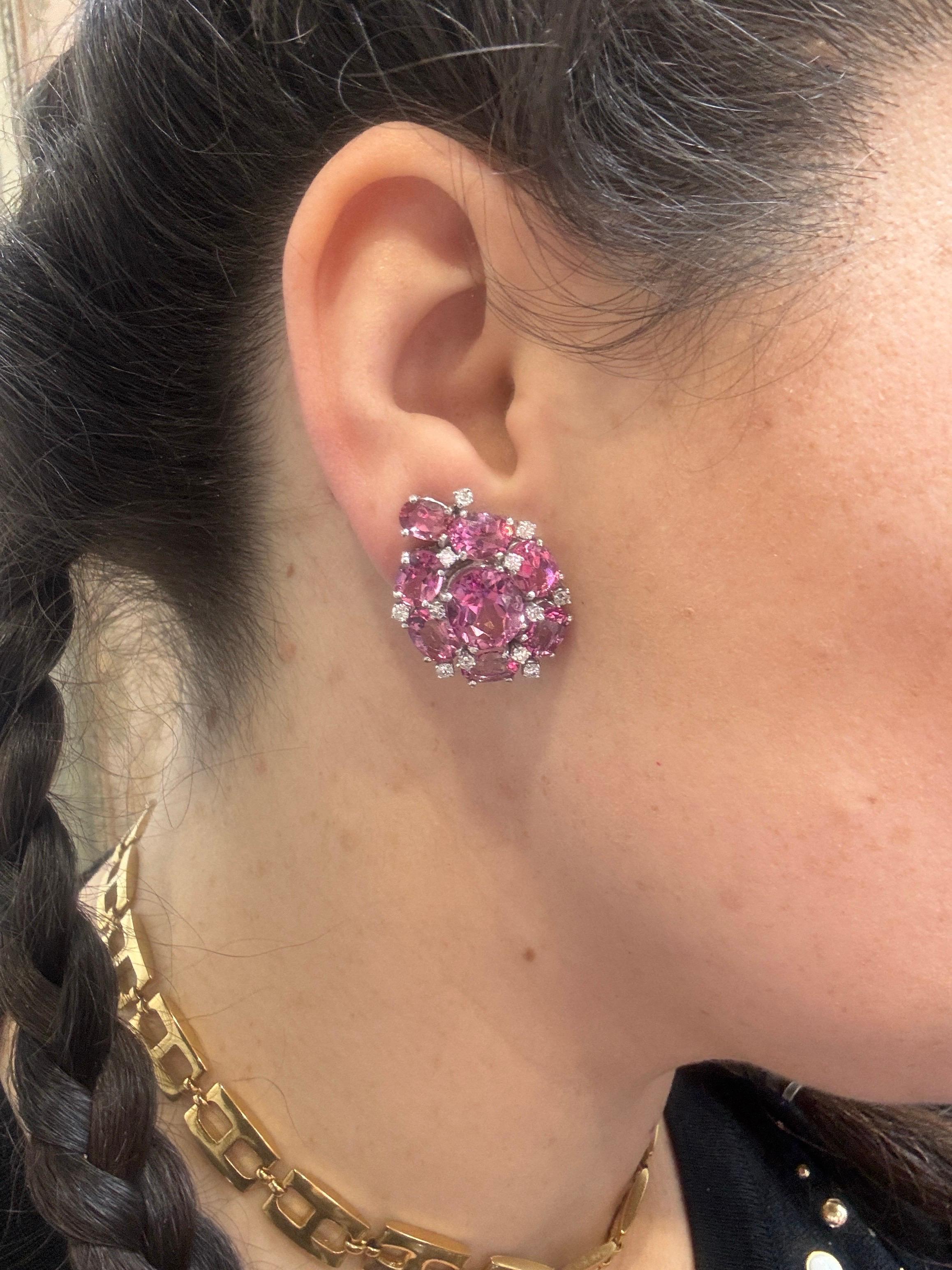 Pink Topaz & Diamond 18k White Gold Earrings Omega Back For Sale 11