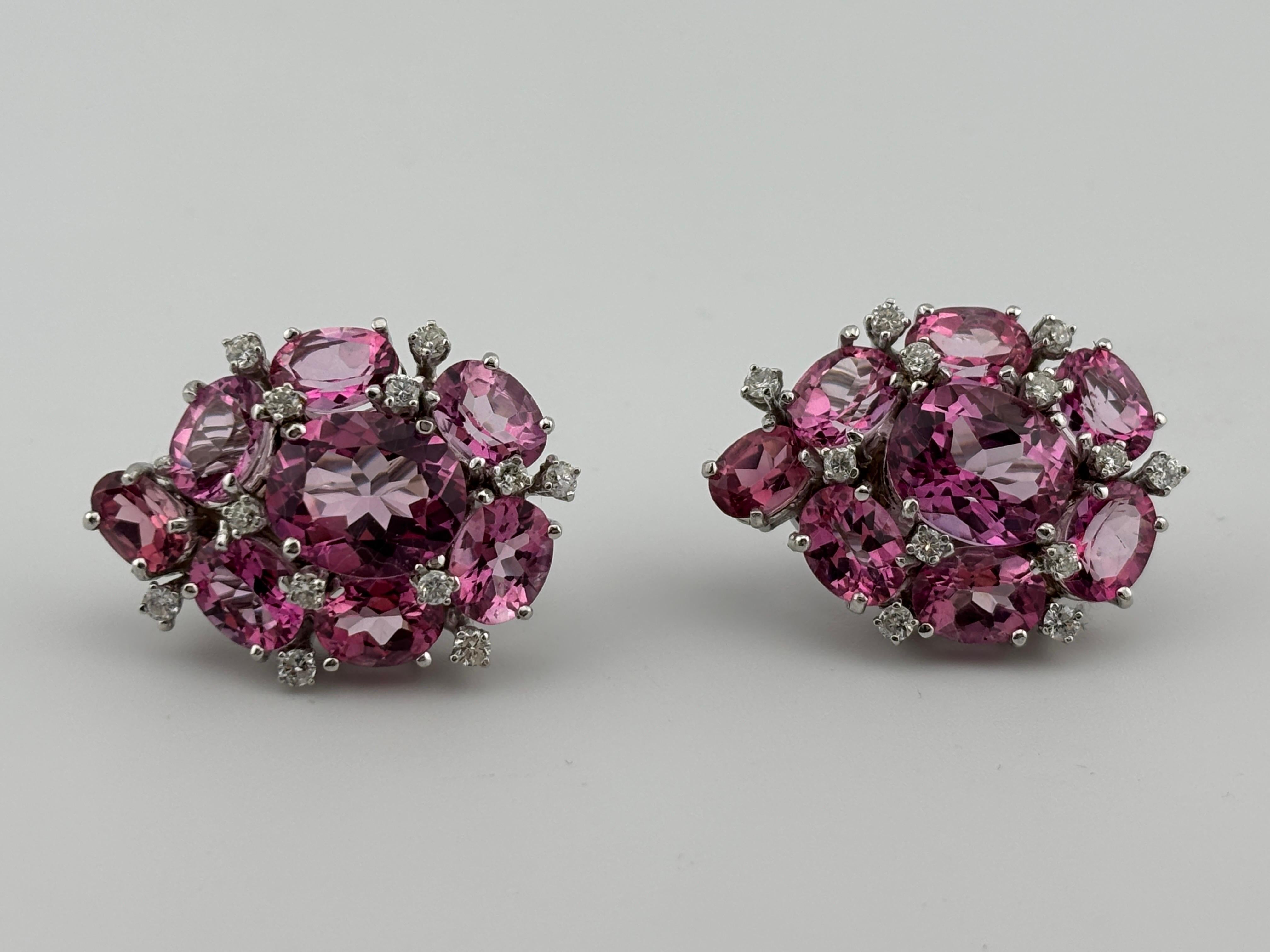 Brilliant Cut Pink Topaz & Diamond 18k White Gold Earrings Omega Back For Sale