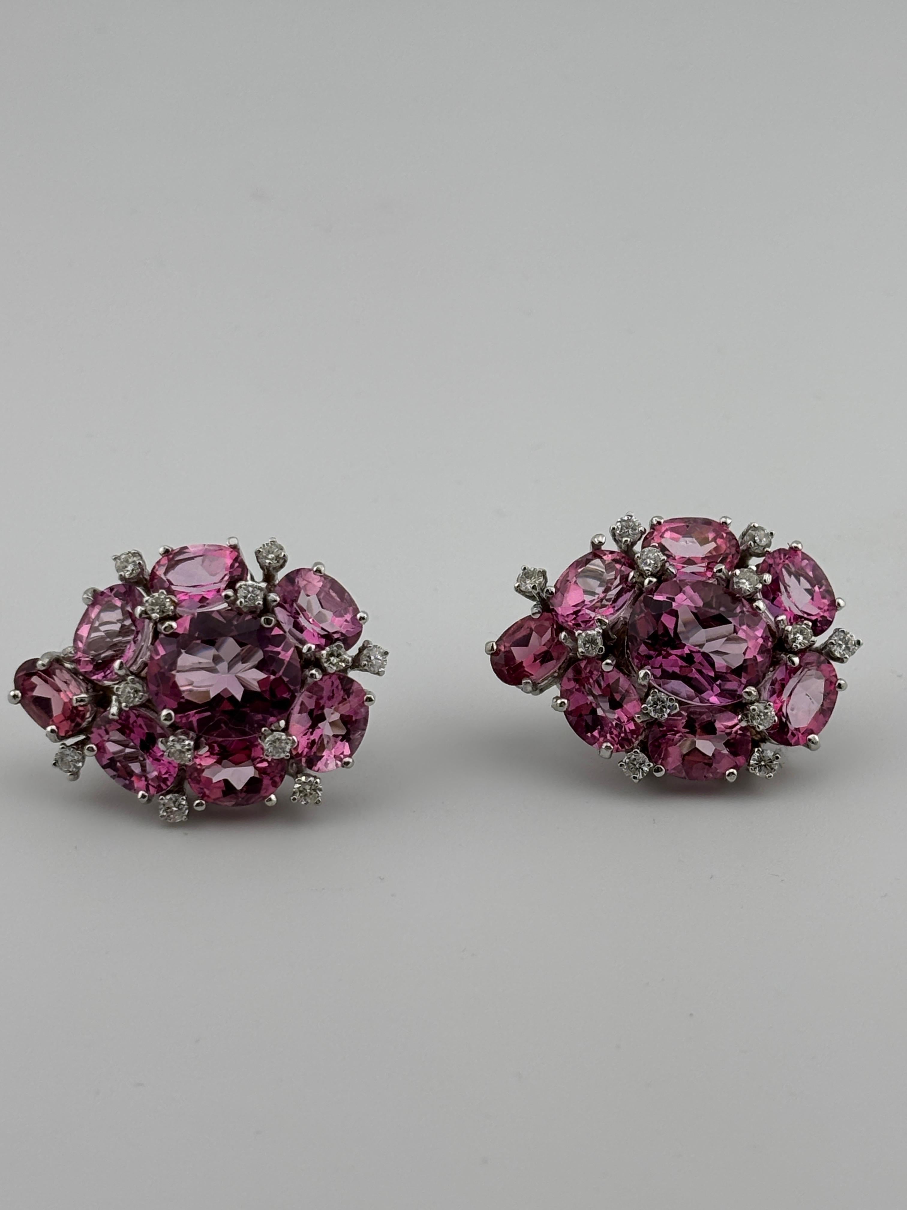 Pink Topaz & Diamond 18k White Gold Earrings Omega Back In Good Condition For Sale In Bernardsville, NJ