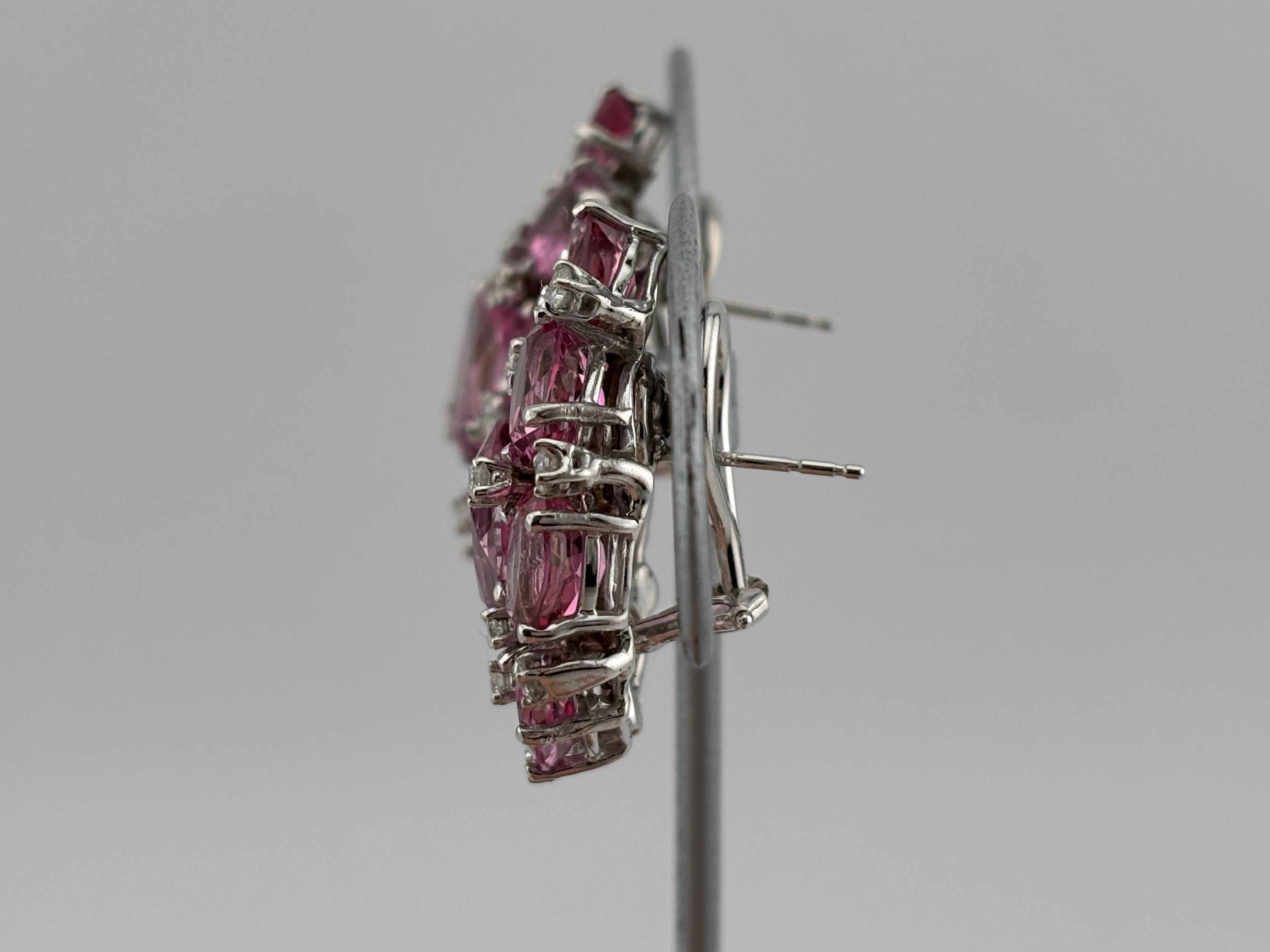 Women's or Men's Pink Topaz & Diamond 18k White Gold Earrings Omega Back For Sale