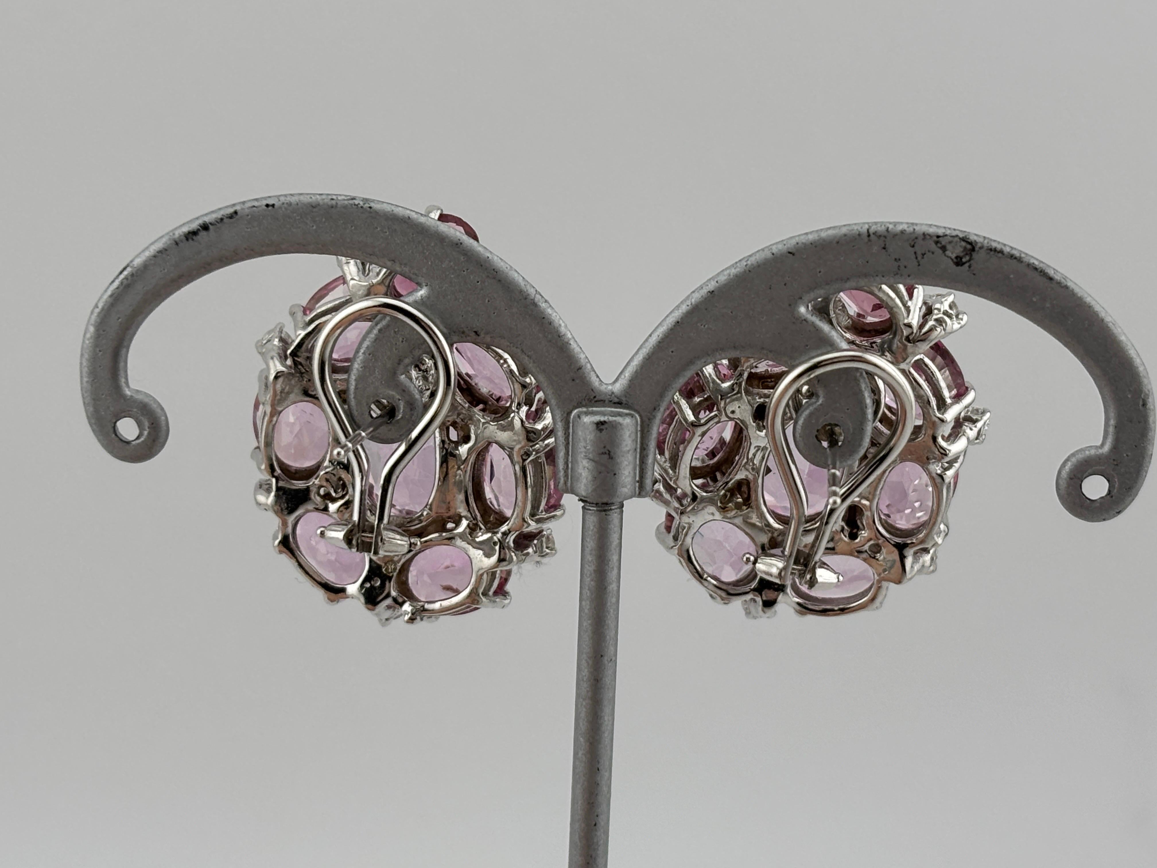 Pink Topaz & Diamond 18k White Gold Earrings Omega Back For Sale 1