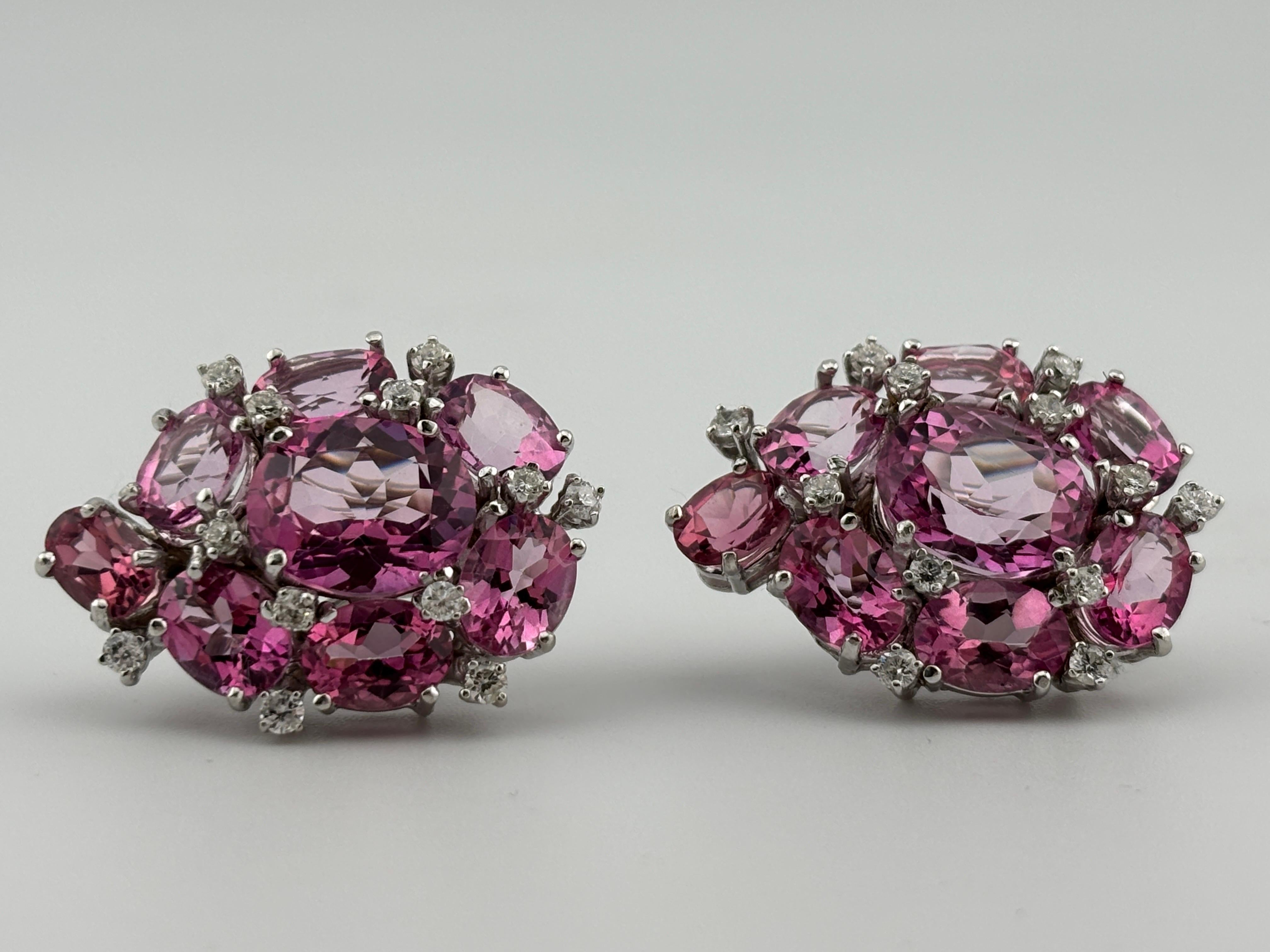 Pink Topaz & Diamond 18k White Gold Earrings Omega Back For Sale 2